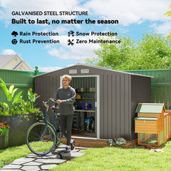 Outsunny 9' x 6' Outdoor Storage Shed, Garden Tool Metal Shed with Foundation Kit, Light Gray