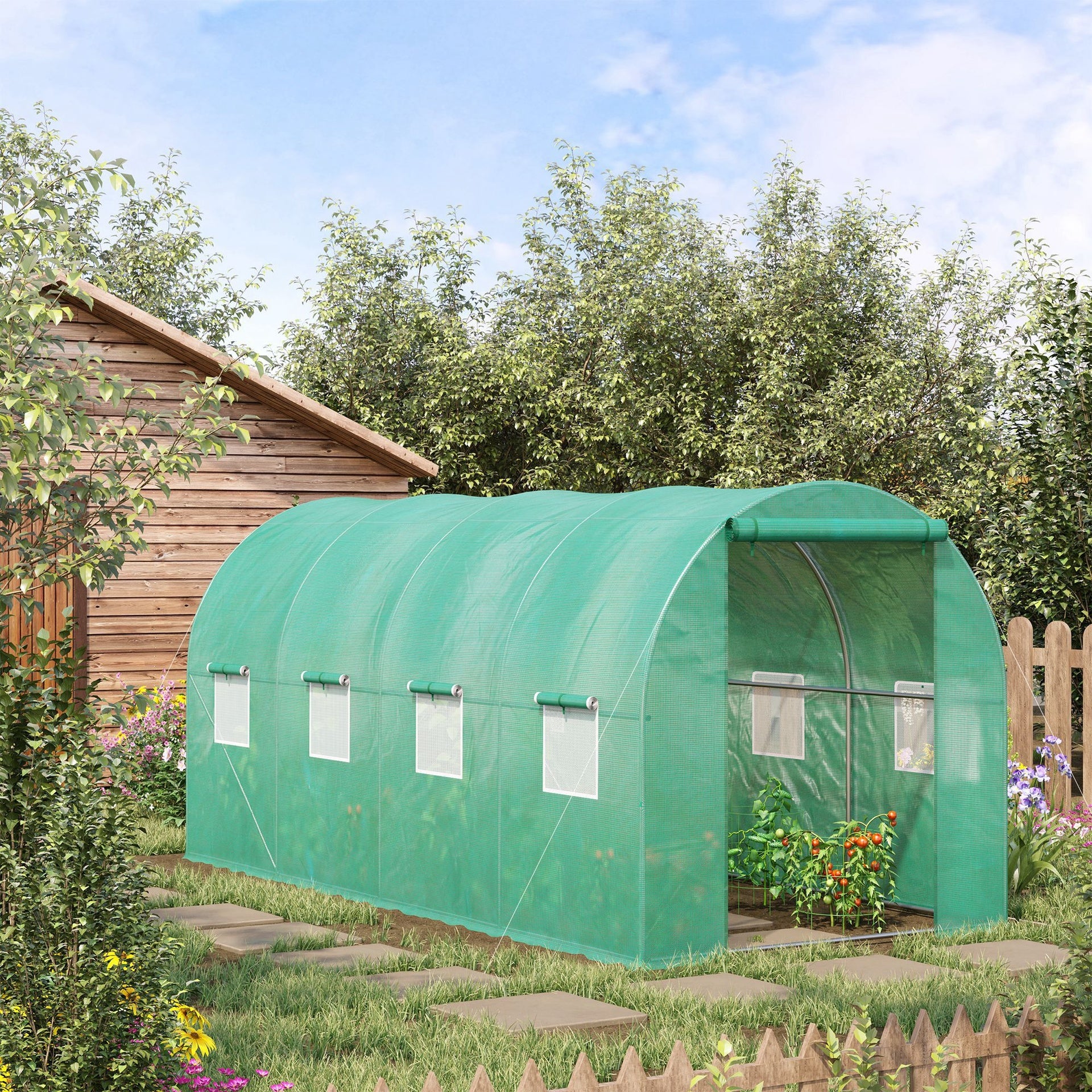 Outsunny 15' x 7' x 6.5' Walk-in Tunnel Hoop Greenhouse, Green House for Outside with PE Cover, Steel Frame, Roll-Up Zipper Door & Windows for Flowers, Vegetables, Tropical Plants, Green