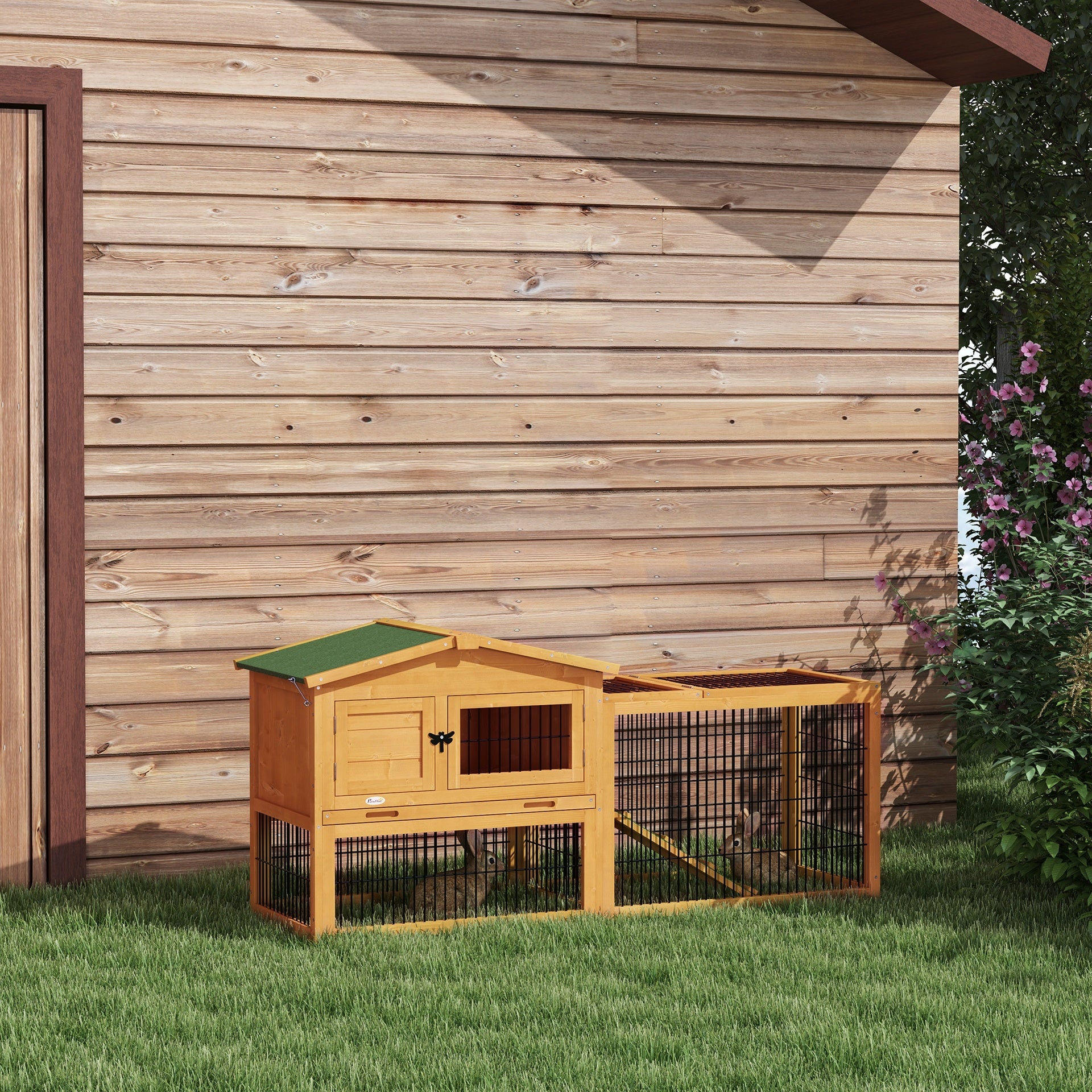 PawHut 2 Level 59" Outdoor Rabbit Hutch with Openable Top, Yellow