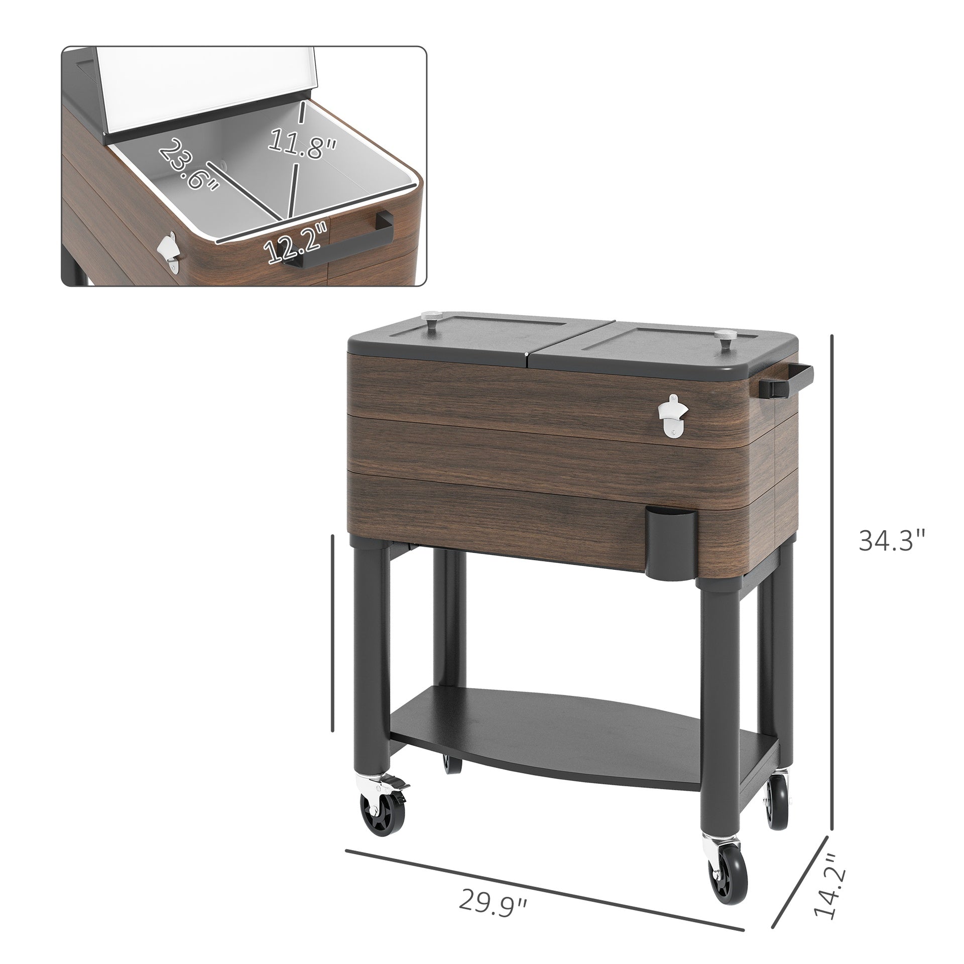 Outsunny 60 Quart Outdoor Cooler Cart, Rolling Ice Chest with Bottom Shelf and Bottle Opener for Backyard, Deck, Poolside Party