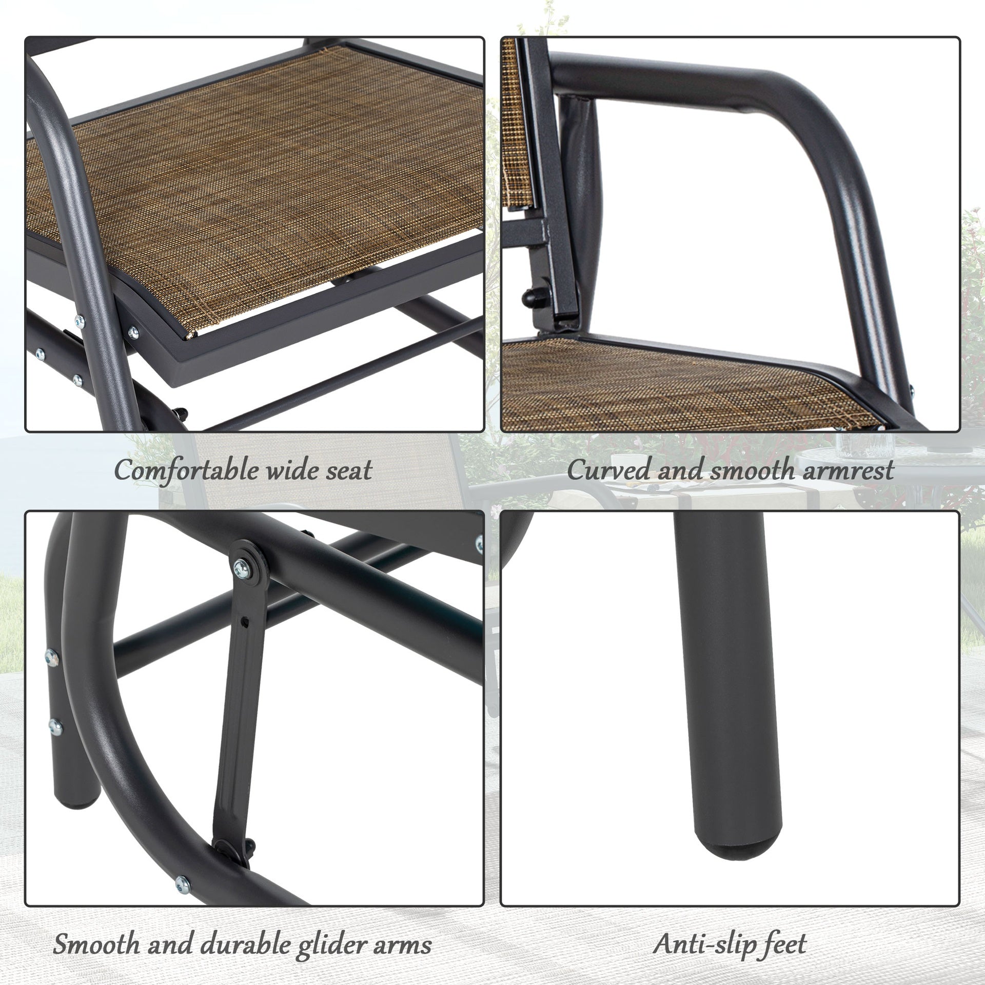 Outsunny 2 Pieces Outdoor Glider Chair, Steel Swing Chai with Curved Armrests for Porch, Garden, Poolside, Balcony, Mixed Brown