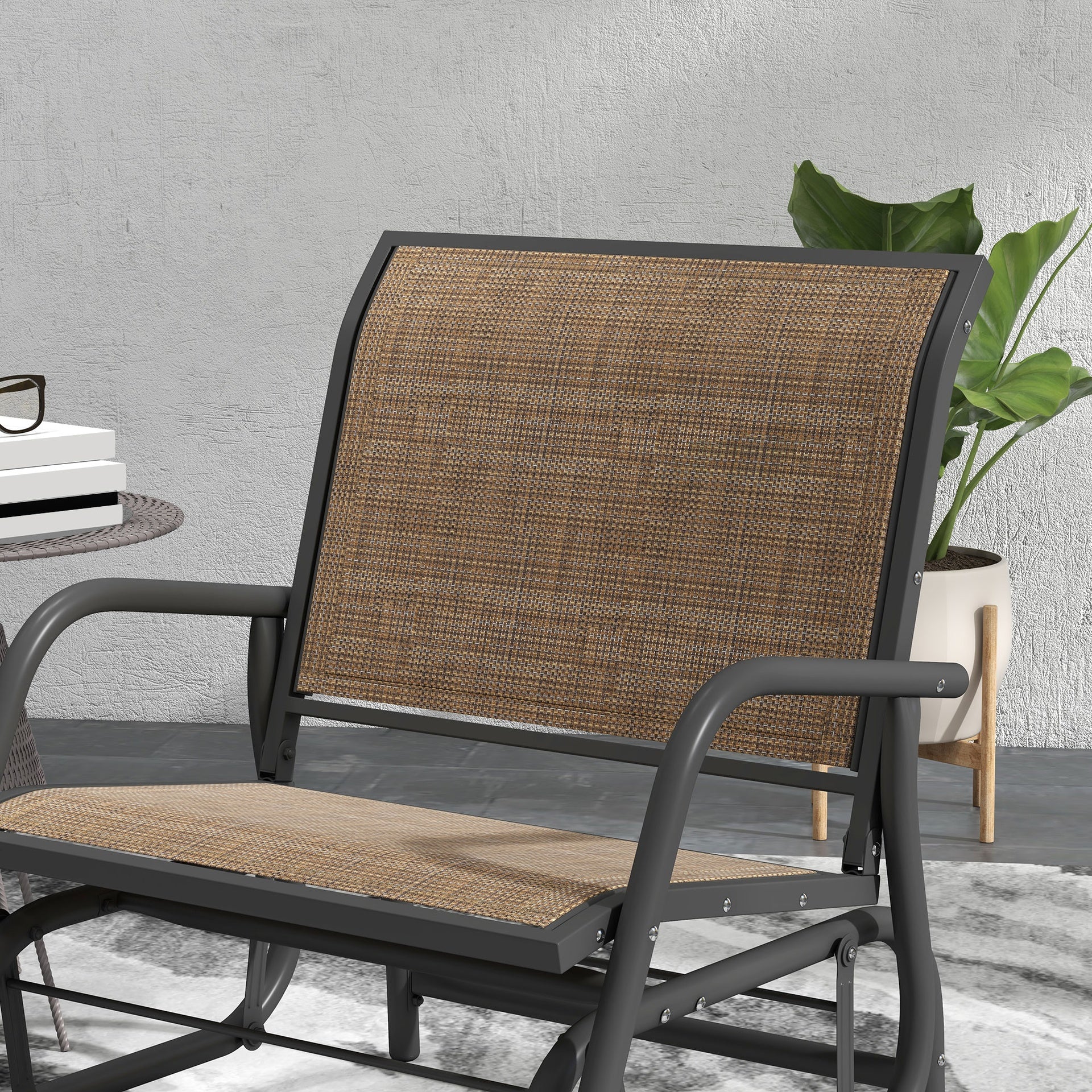 Outsunny 2 Pieces Outdoor Glider Chair, Steel Swing Chai with Curved Armrests for Porch, Garden, Poolside, Balcony, Mixed Brown