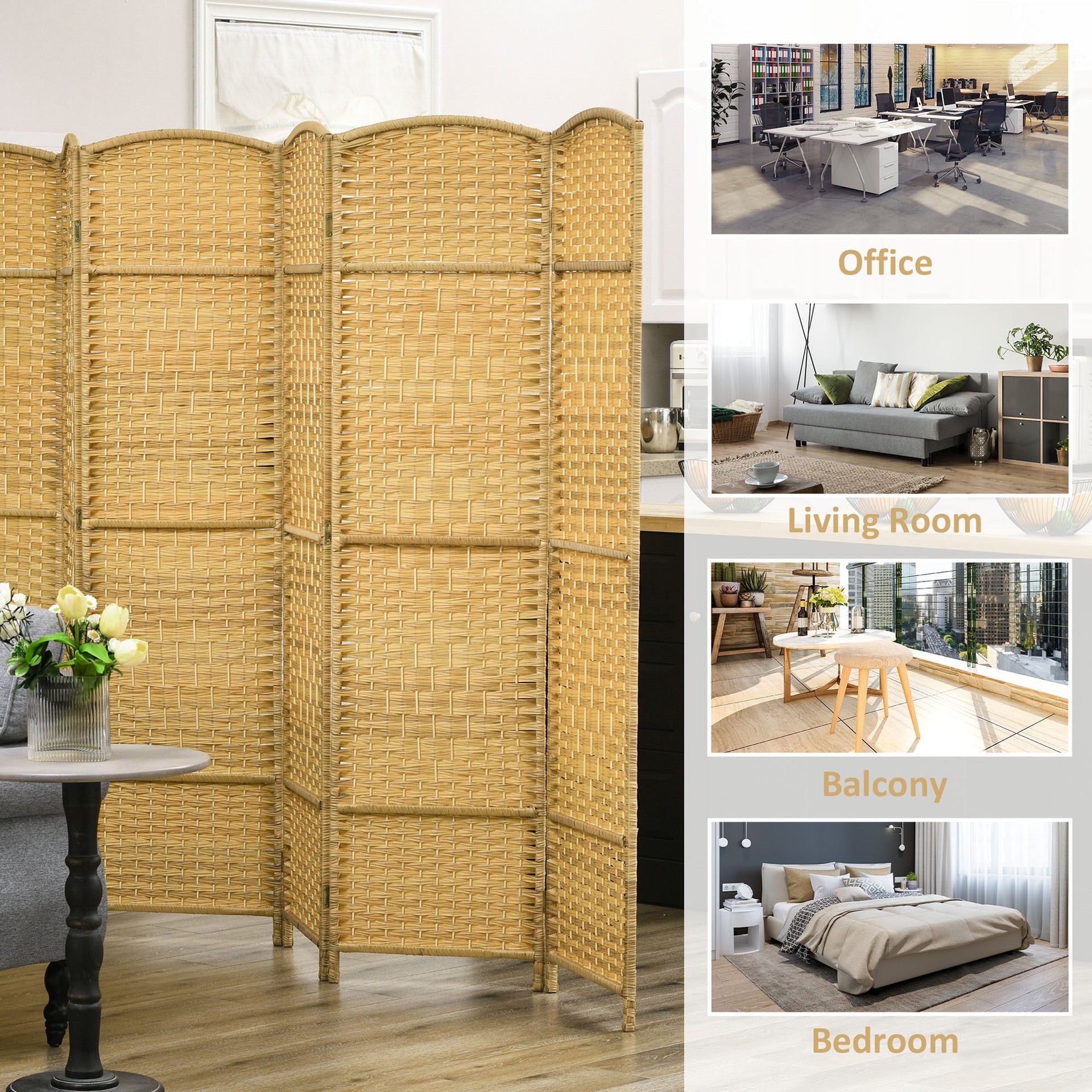 HOMCOM Folding Room Divider Screen 6 Panel 6' Tall Privacy Screen Freestanding Wood Partition for Home Office, Nature Wood