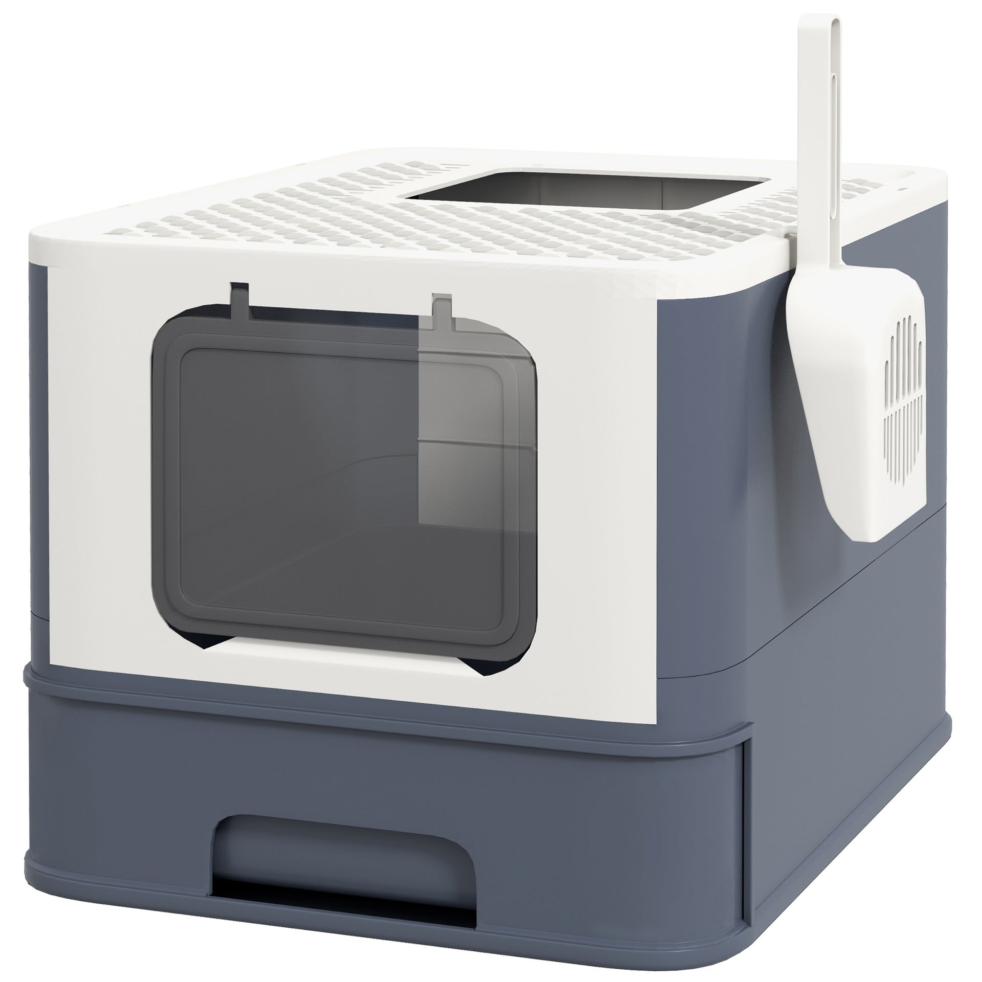 PawHut Cat Litter Box with Lid, Scoop, Front Entry, and Top Exit for Large Cats, White