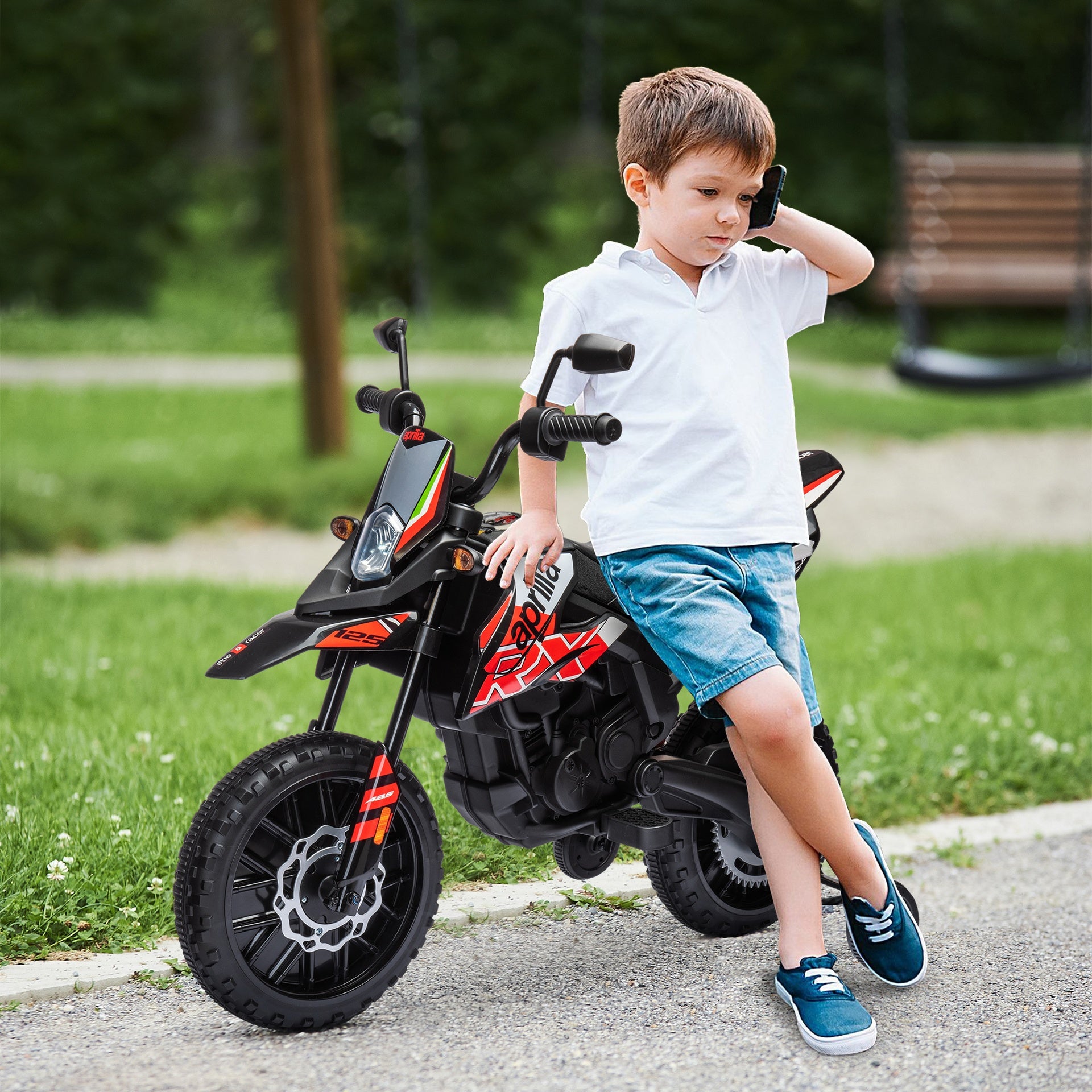 Qaba 12V Aprilia Licenced Kids Motorcycle with Training Wheels, Spring Suspension, LED Light, USB, Music, Red