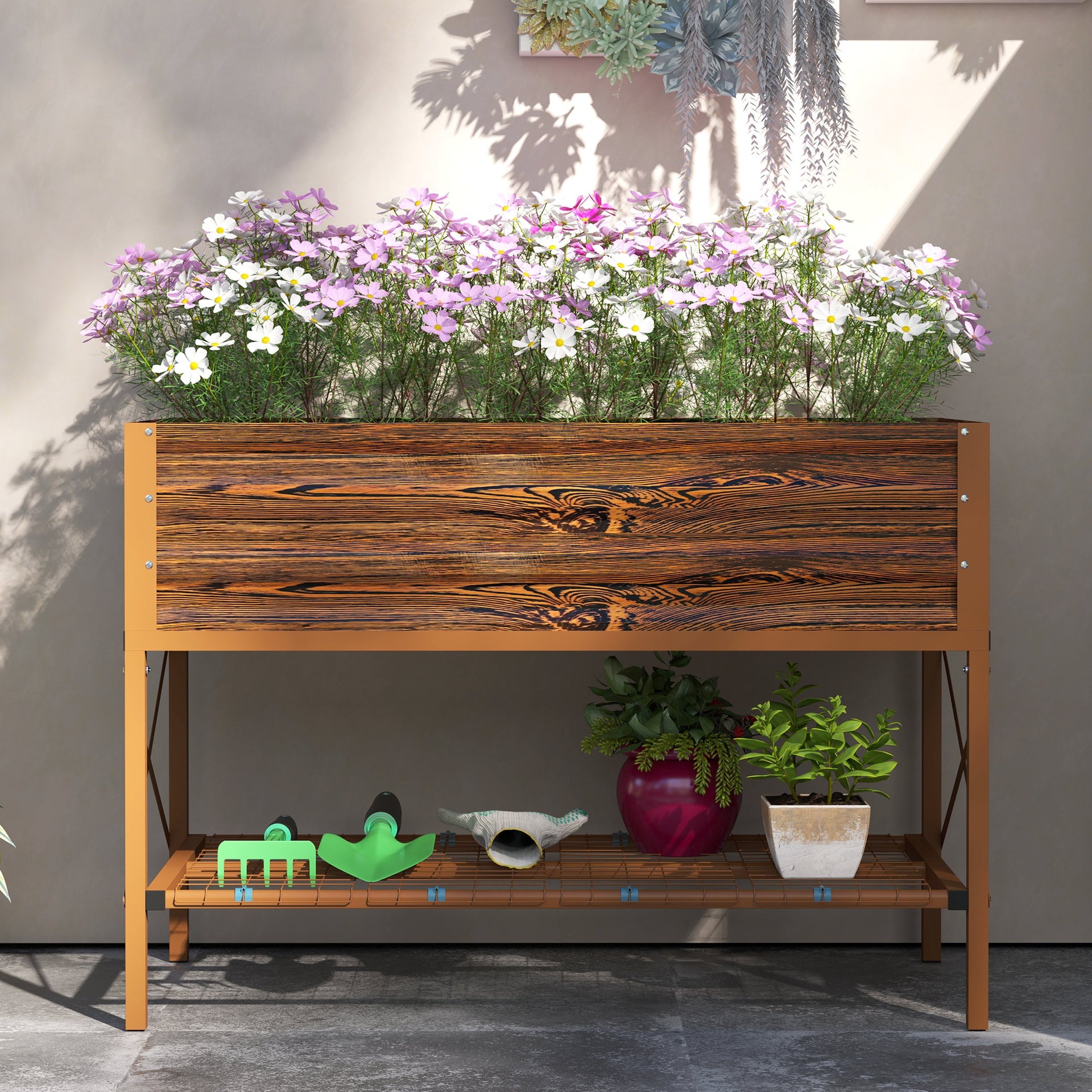 Outsunny Galvanized Raised Garden Bed, Metal Planter Box with Legs, Storage Shelf and Bed Liner, Dark Brown