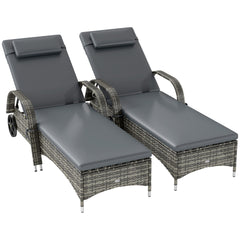 Outsunny 2 Reclining Chaise Lounge Chairs, Rolling Outdoor Chairs with Cushion, Pillow, Headrest, Armrests, and Wheels, Gray