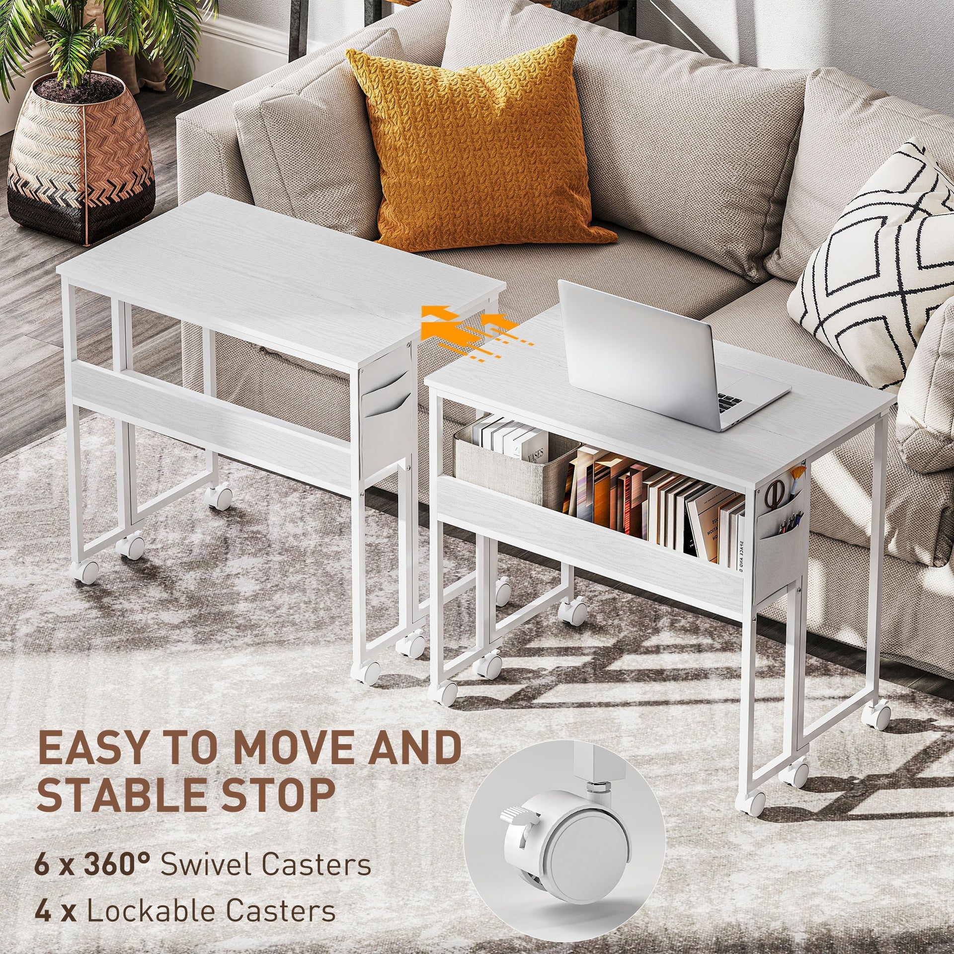 HOMCOM Folding Computer Desk, Foldable Desk with Storage Bag, Shelf and Wheels for Small Spaces, Home Office, White