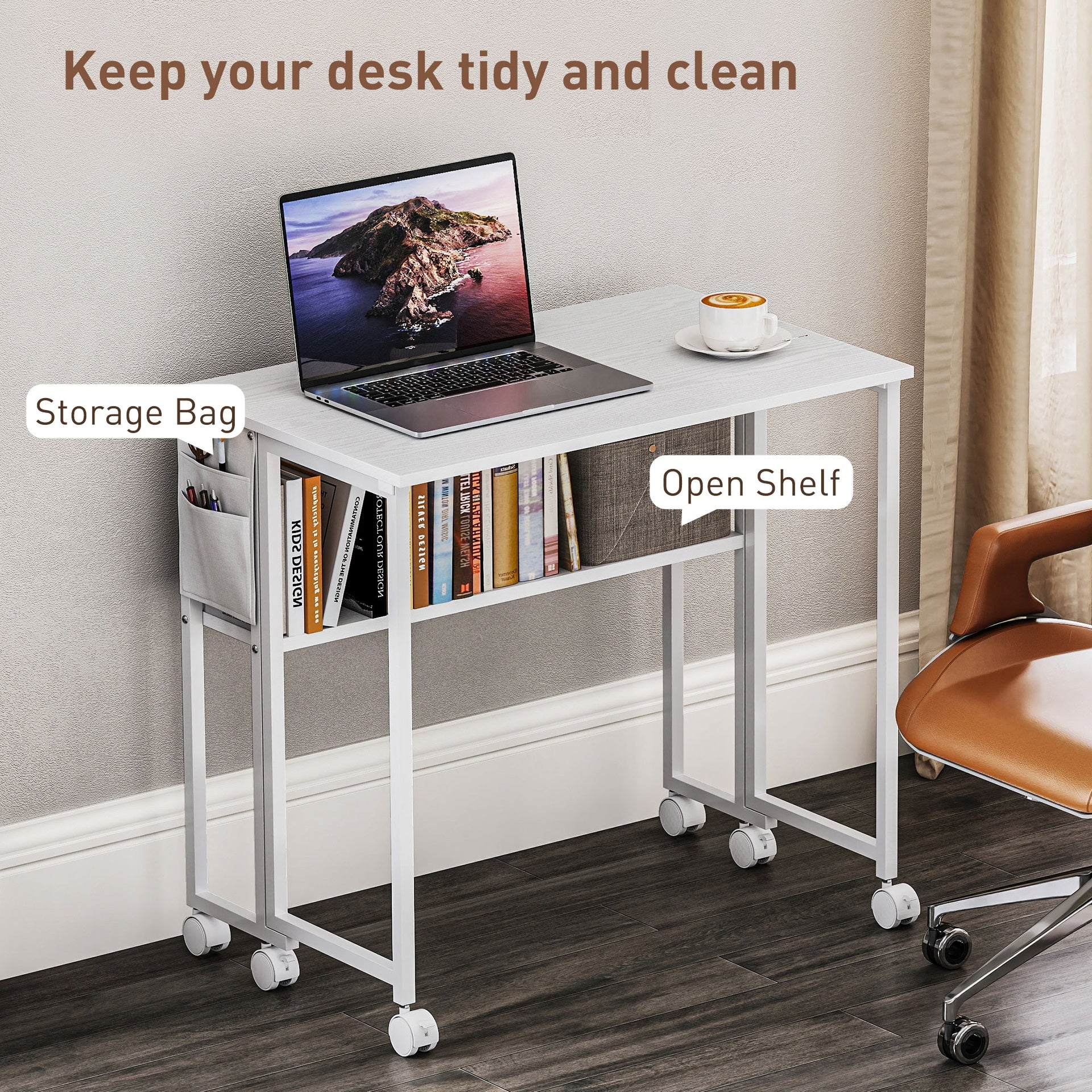 HOMCOM Folding Computer Desk, Foldable Desk with Storage Bag, Shelf and Wheels for Small Spaces, Home Office, White