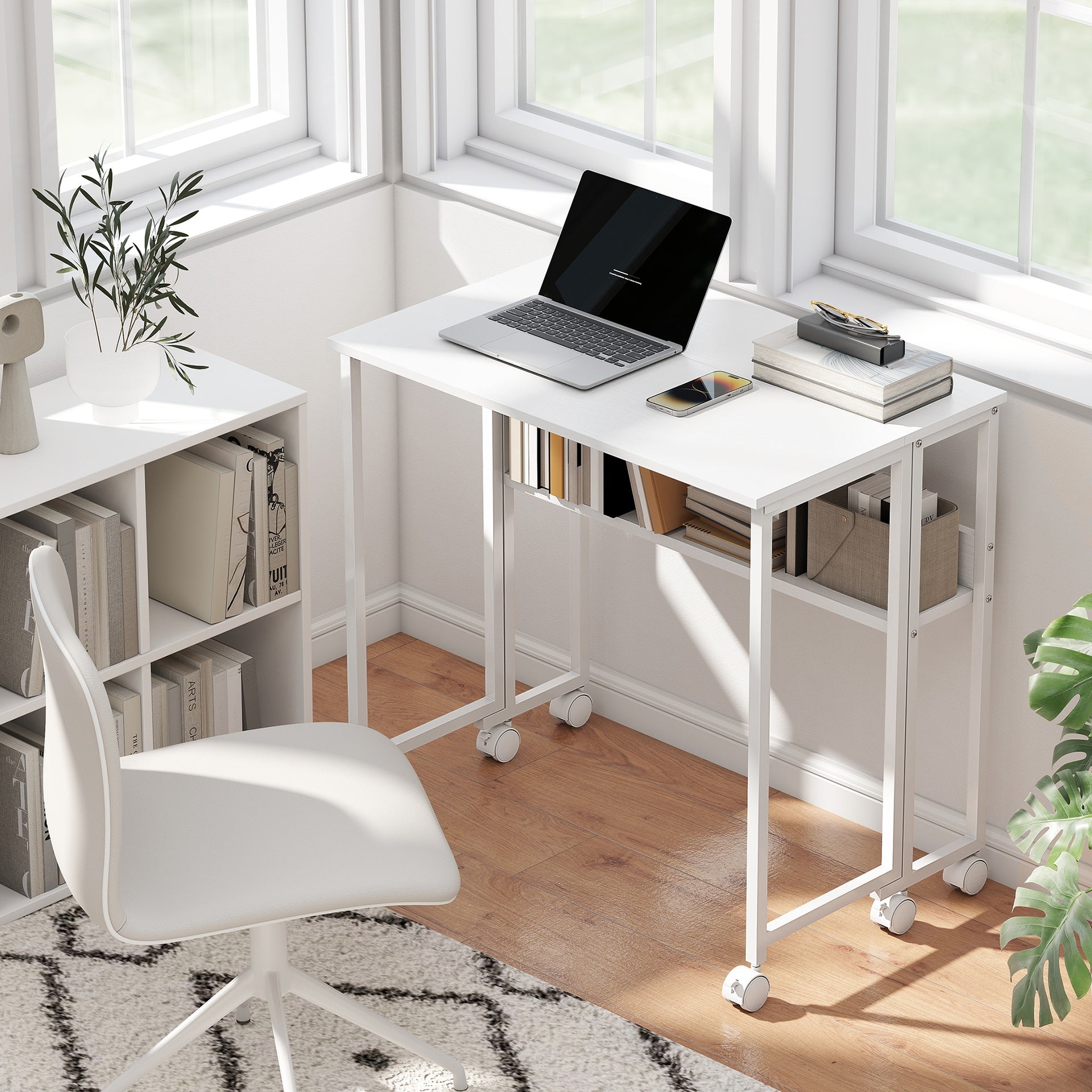 HOMCOM Folding Computer Desk, Foldable Desk with Storage Bag, Shelf and Wheels for Small Spaces, Home Office, White