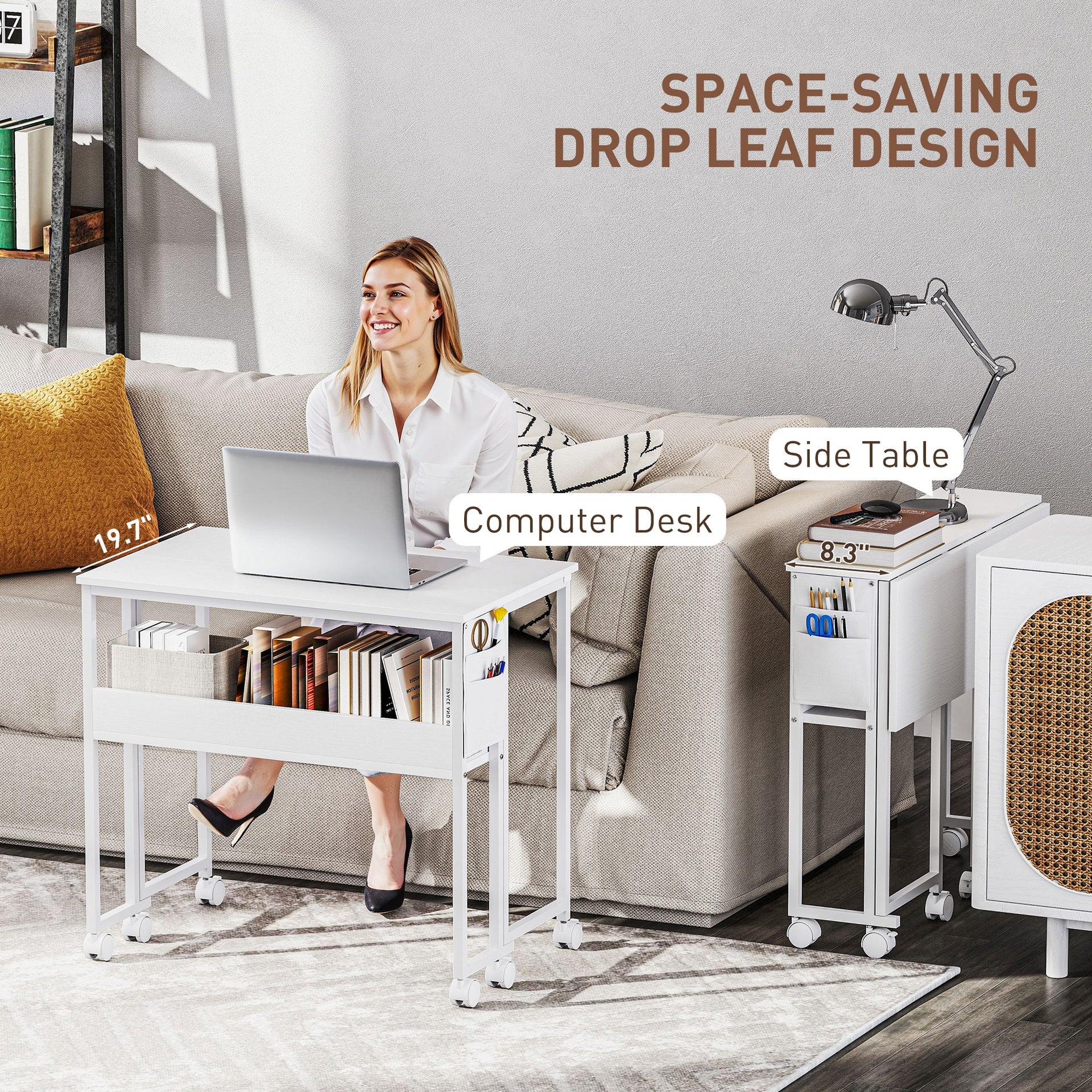 HOMCOM Folding Computer Desk, Foldable Desk with Storage Bag, Shelf and Wheels for Small Spaces, Home Office, White
