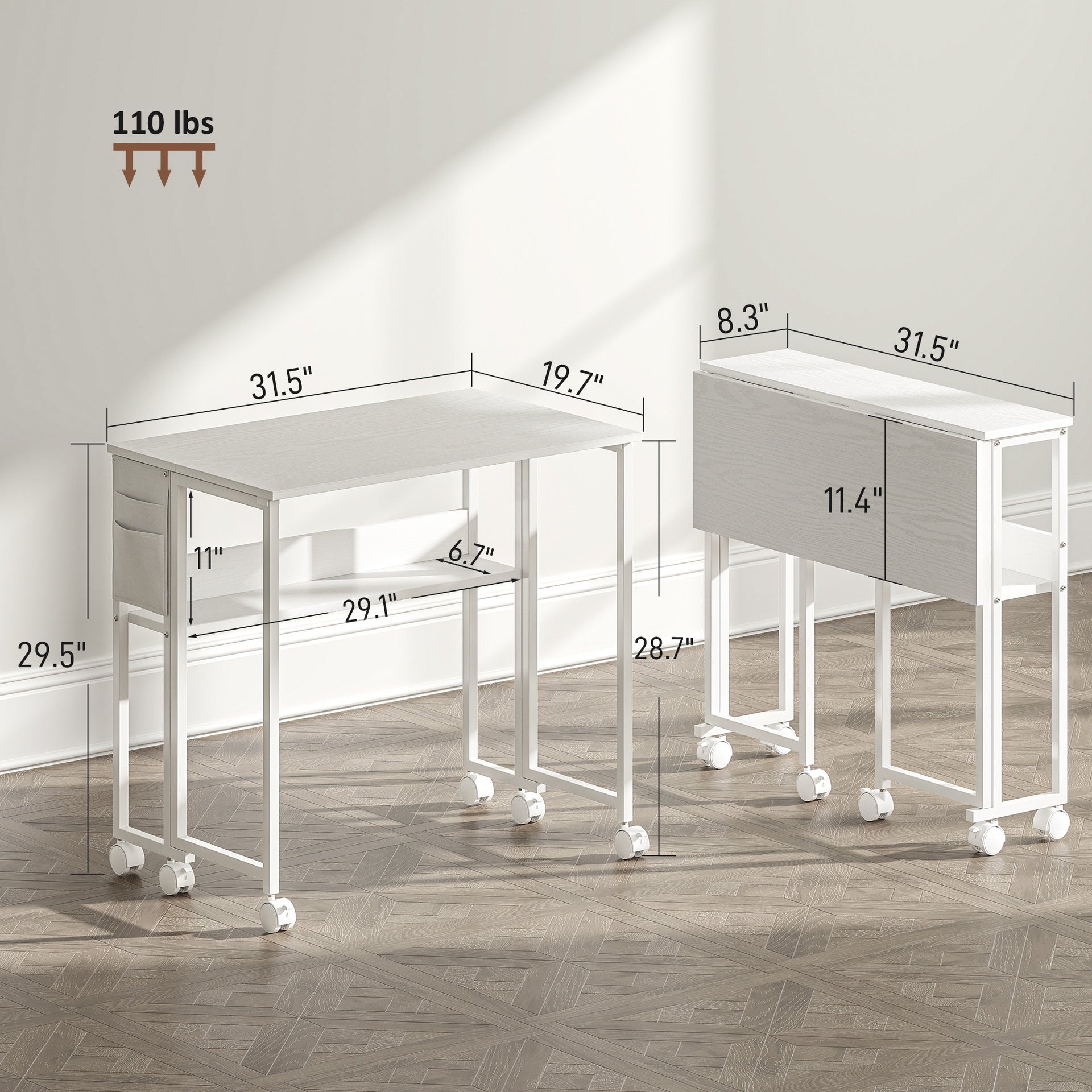 HOMCOM Folding Computer Desk, Foldable Desk with Storage Bag, Shelf and Wheels for Small Spaces, Home Office, White