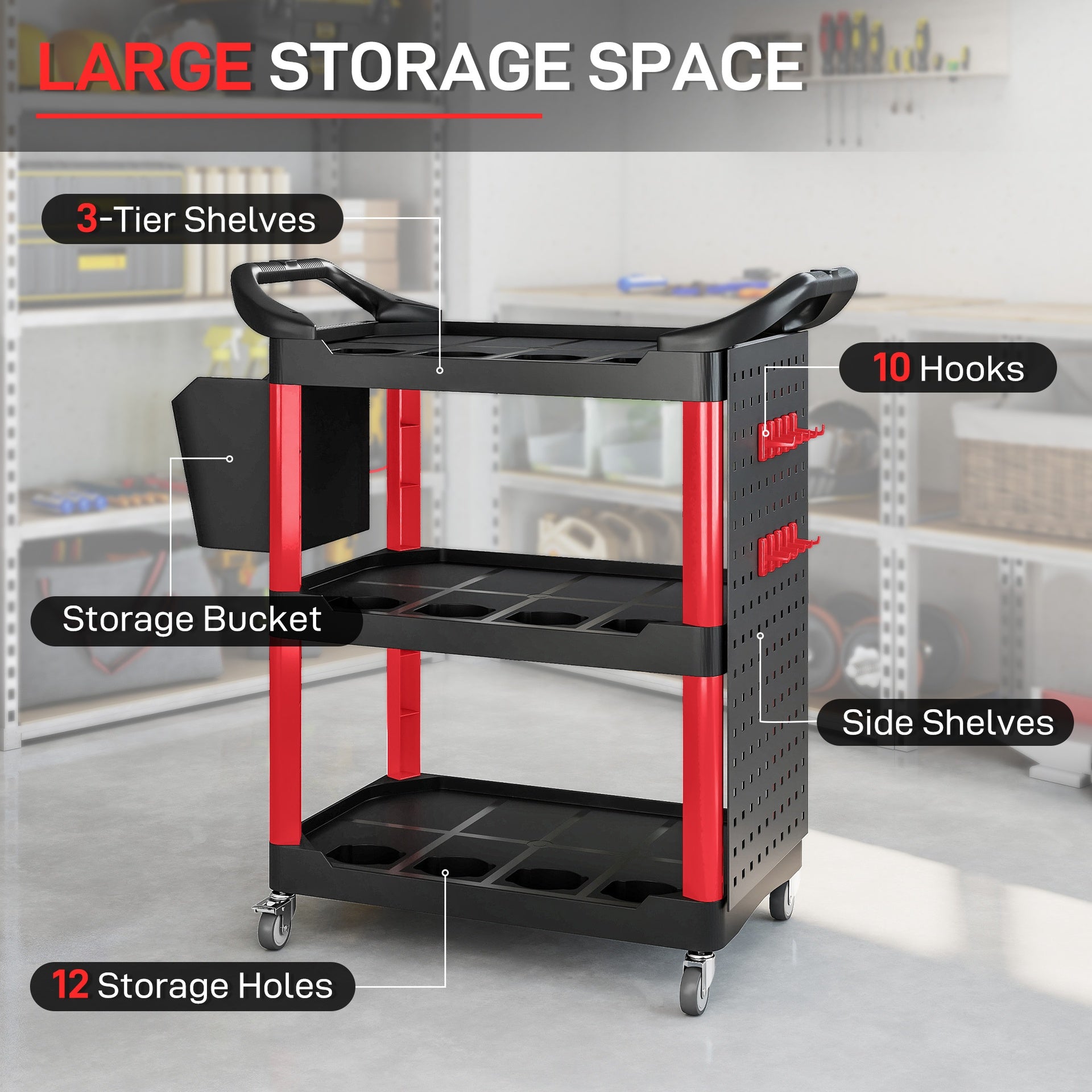 HOMCOM 3-Tier Rolling Tool Cart, 200 LBS Capacity Plastic Utility Cart with Side Shelf and Storage Bucket, Black & Red