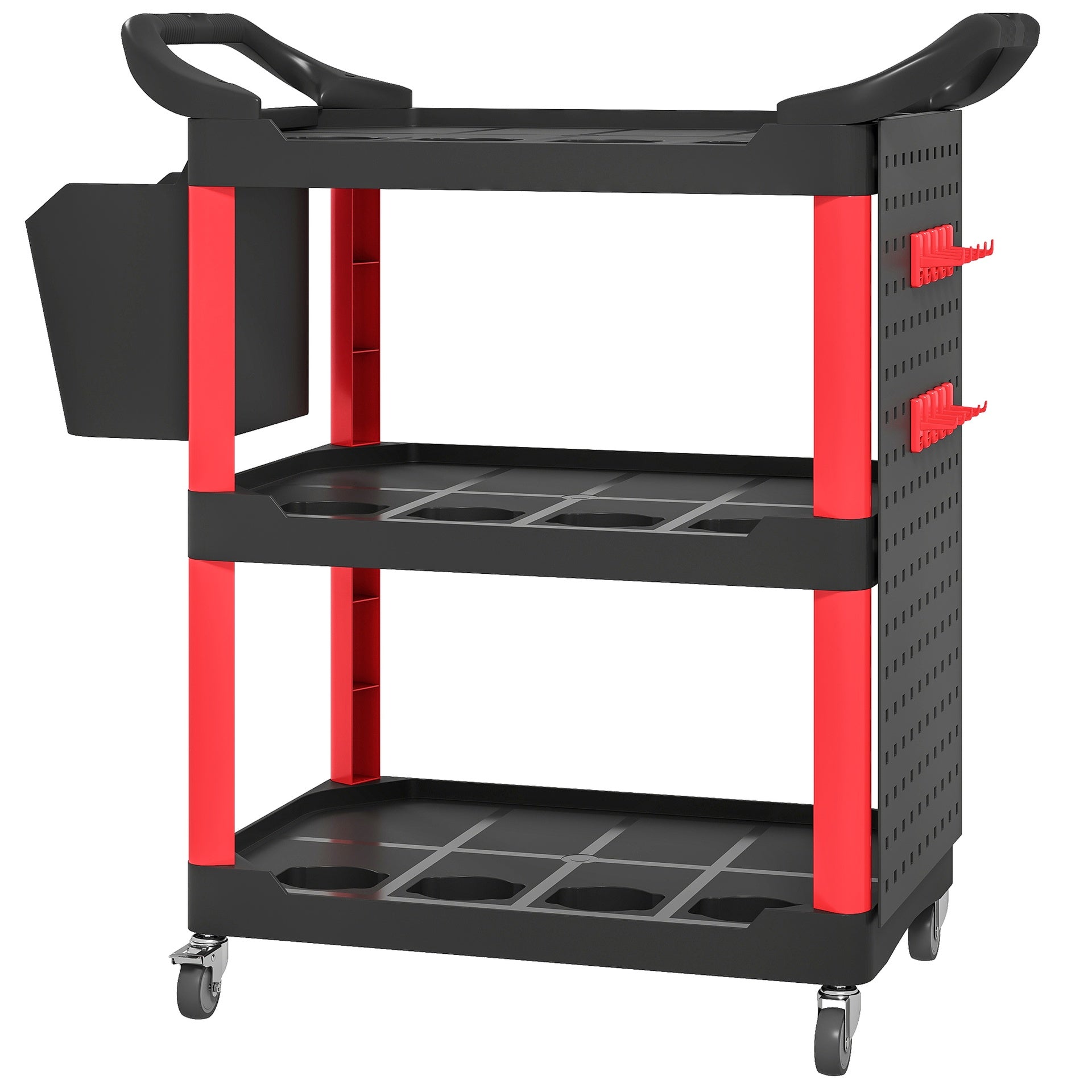 HOMCOM 3-Tier Rolling Tool Cart, 200 LBS Capacity Plastic Utility Cart with Side Shelf and Storage Bucket, Black & Red