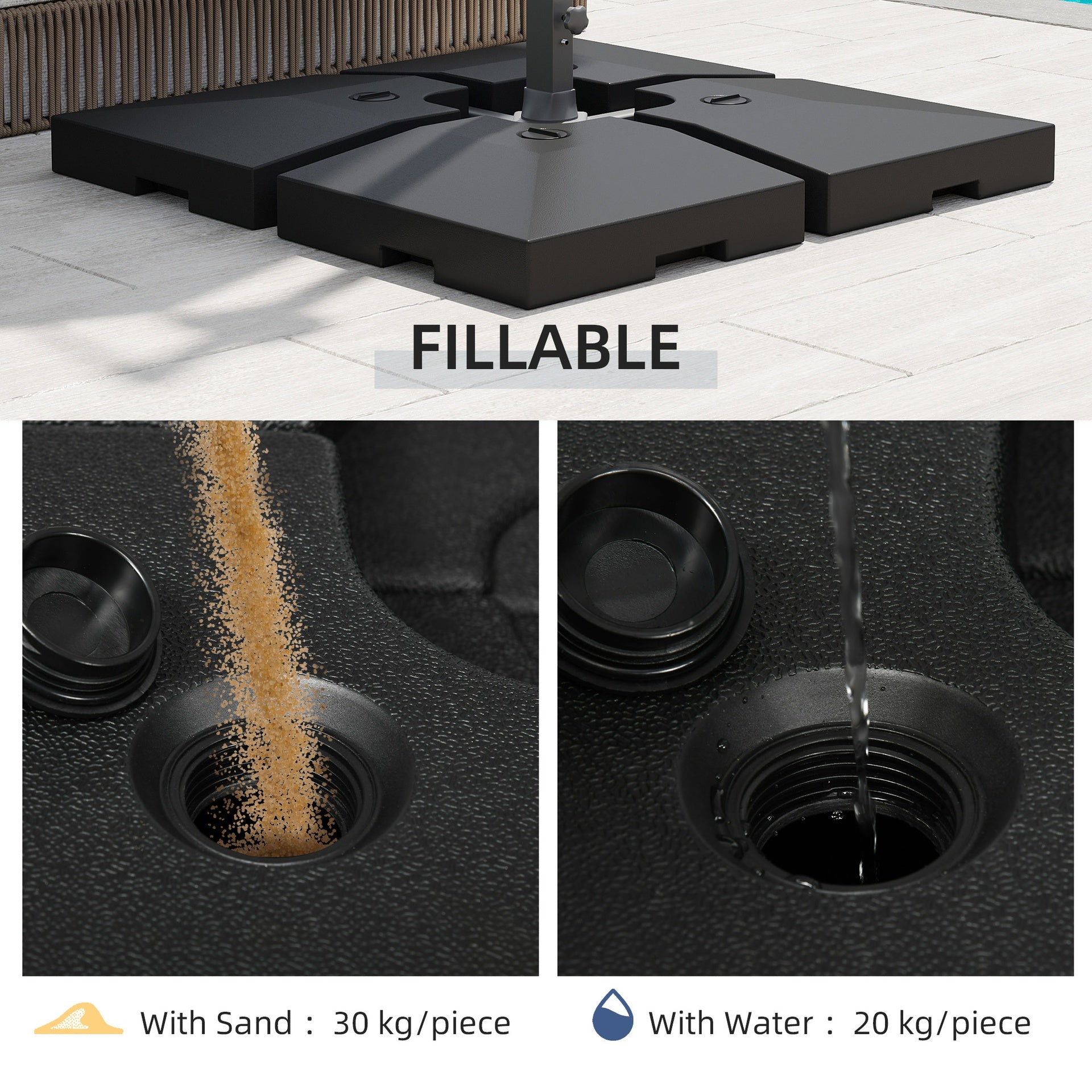 Outsunny 4 Pieces Cantilever Patio Umbrella Base, Outdoor Offset Umbrella Weights, 176 lbs Capacity Water or 264 lbs Capacity Sand  Plates Set, Black