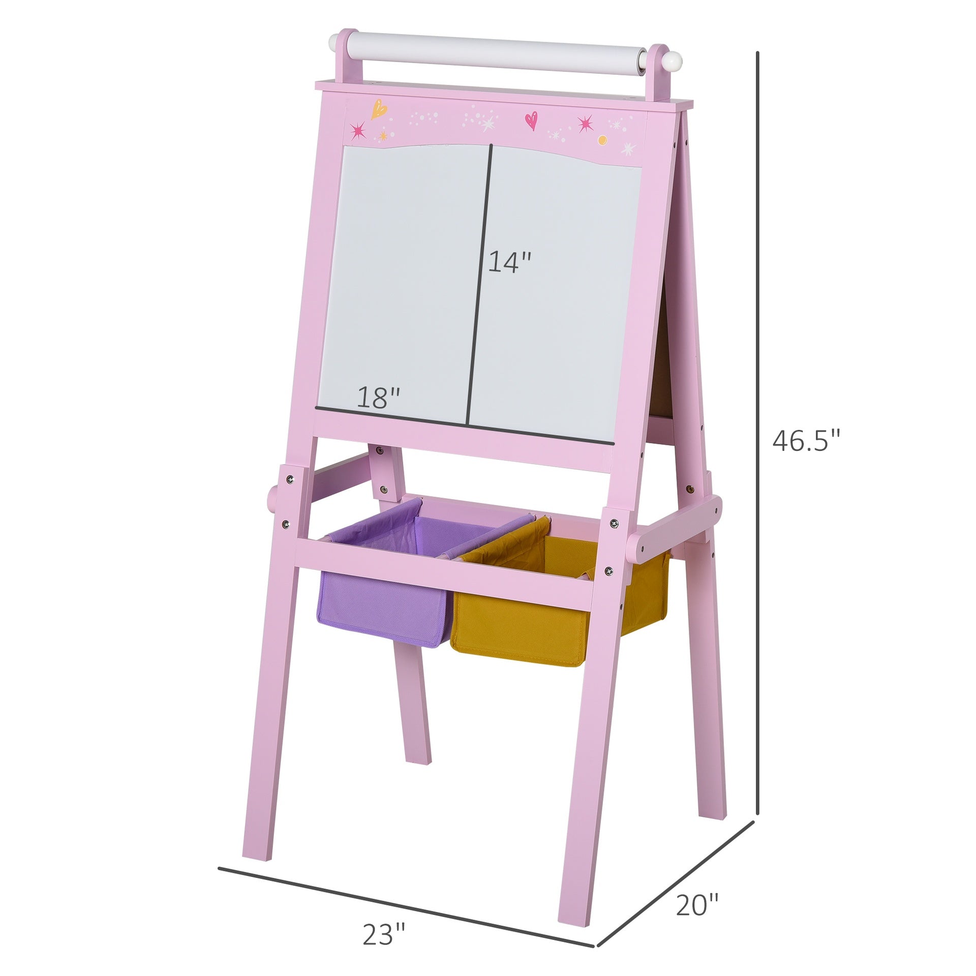 Qaba 3 In 1 Kids Wooden Art Easel with Paper Roll, Double-Sided, Chalkboard & Whiteboard, Storage Baskets, Pink