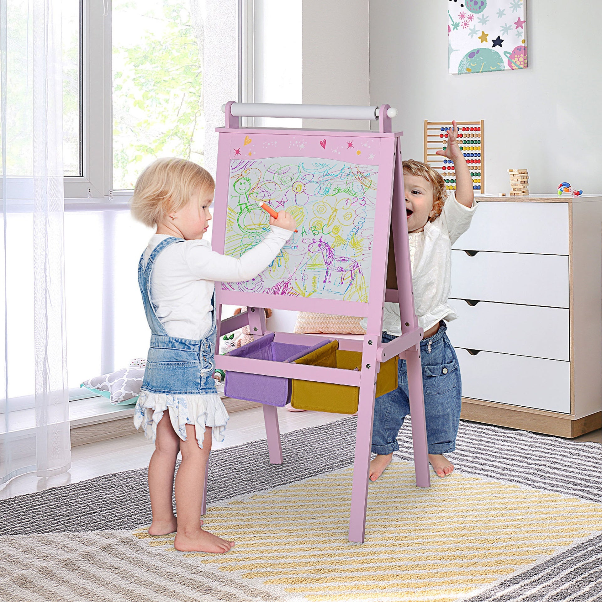 Qaba 3 In 1 Kids Wooden Art Easel with Paper Roll, Double-Sided, Chalkboard & Whiteboard, Storage Baskets, Pink