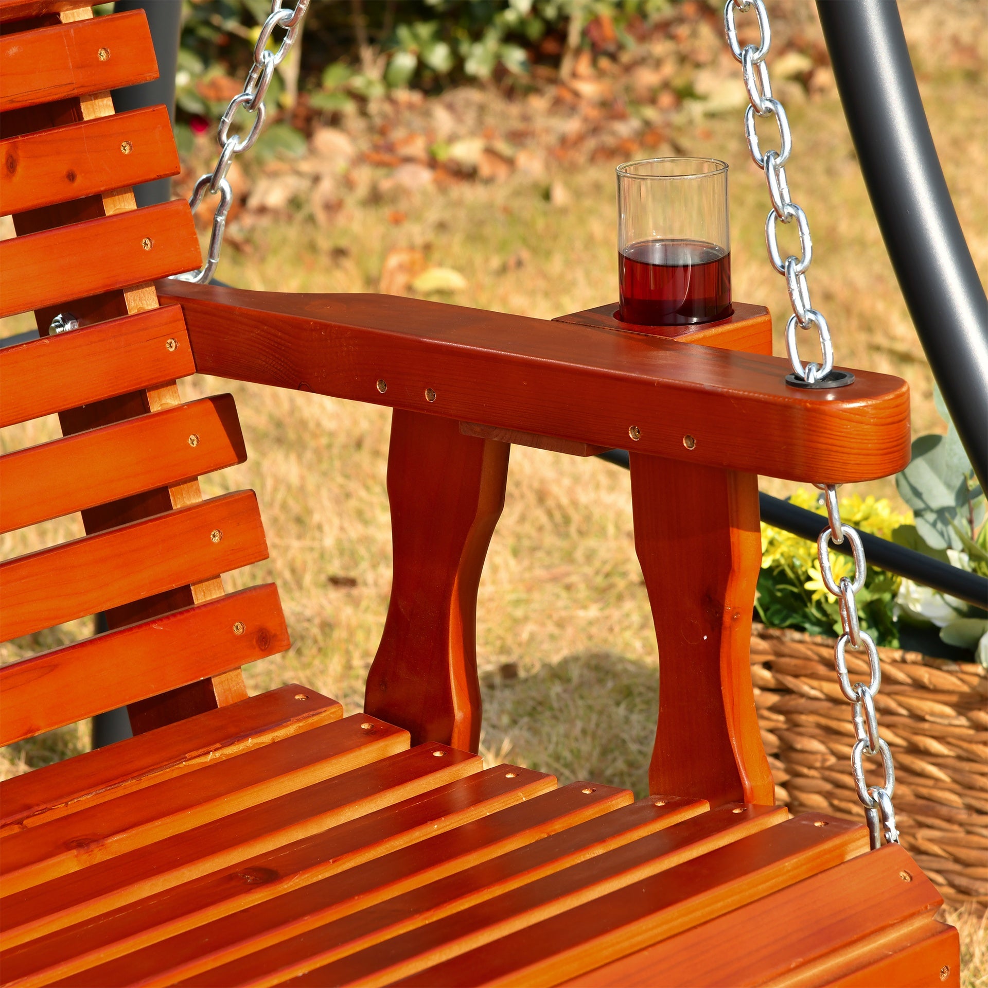 Outsunny Porch Swing with Chains and Cupholders, 2 Person Wooden Patio Swing Chair, 440 lbs. Weight Capacity, for Garden, Poolside, Backyard, Brown