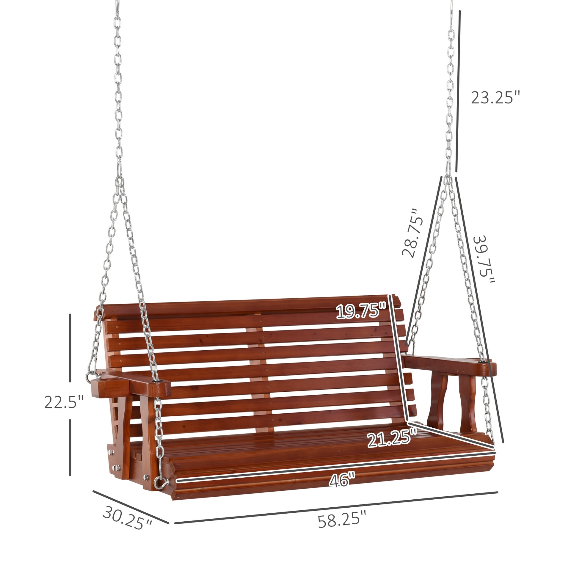 Outsunny Porch Swing with Chains and Cupholders, 2 Person Wooden Patio Swing Chair, 440 lbs. Weight Capacity, for Garden, Poolside, Backyard, Brown