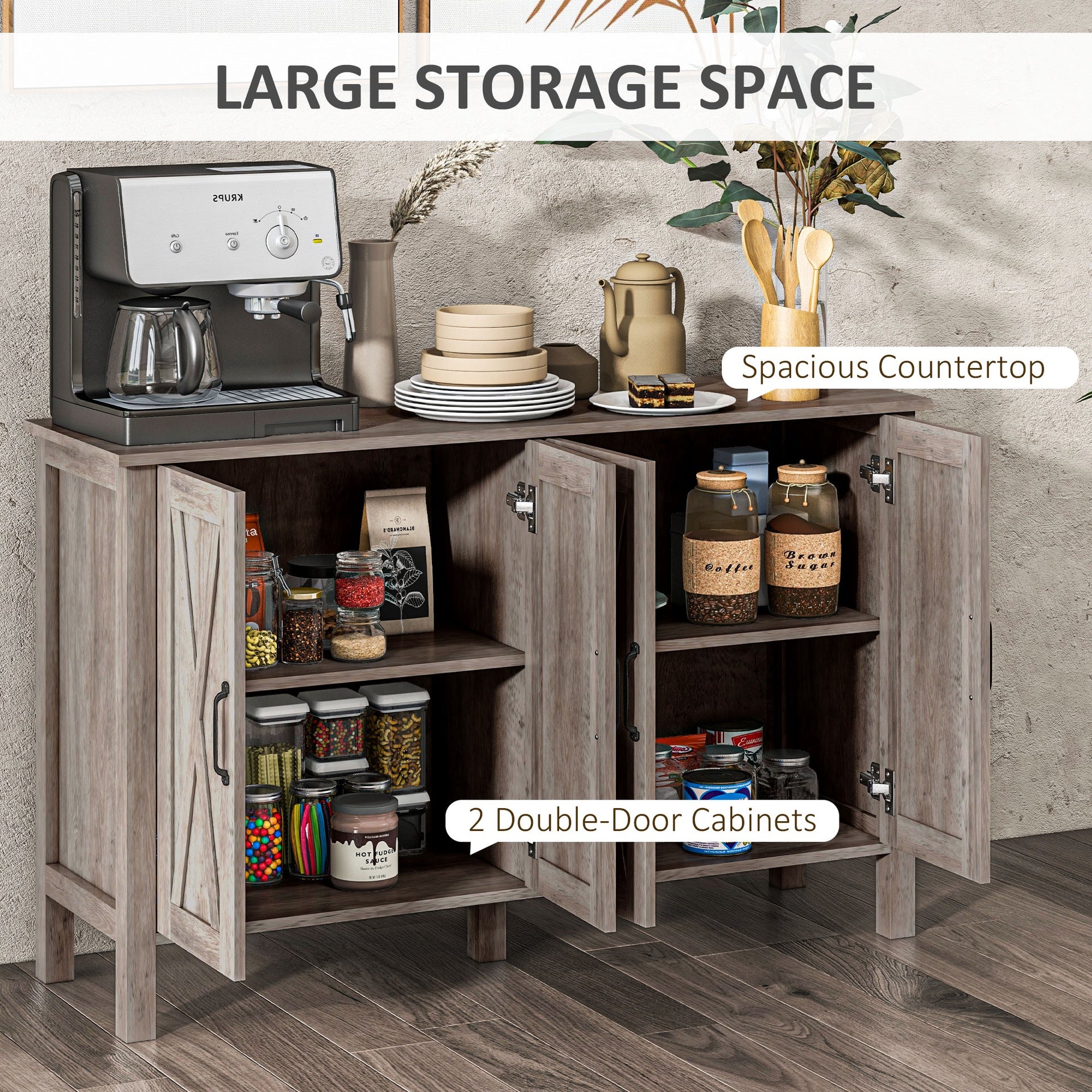 HOMCOM Sideboard Buffet with 4 Barn Doors and 2 Adjustable Shelves, Kitchen Buffet Cabinet for Living Room, Hallway, Gray