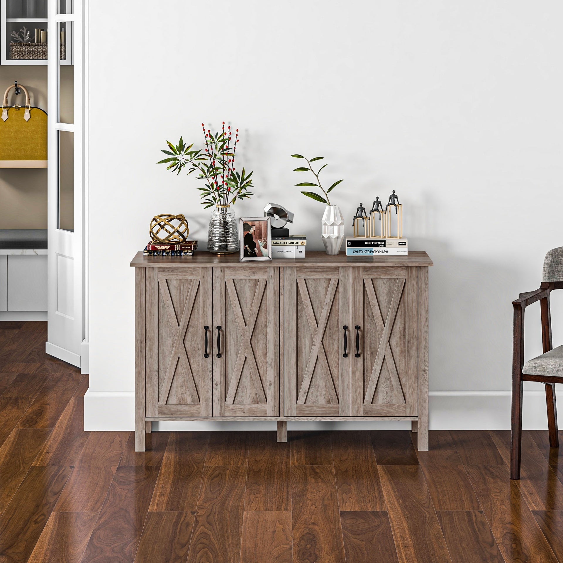 HOMCOM Sideboard Buffet with 4 Barn Doors and 2 Adjustable Shelves, Kitchen Buffet Cabinet for Living Room, Hallway, Gray