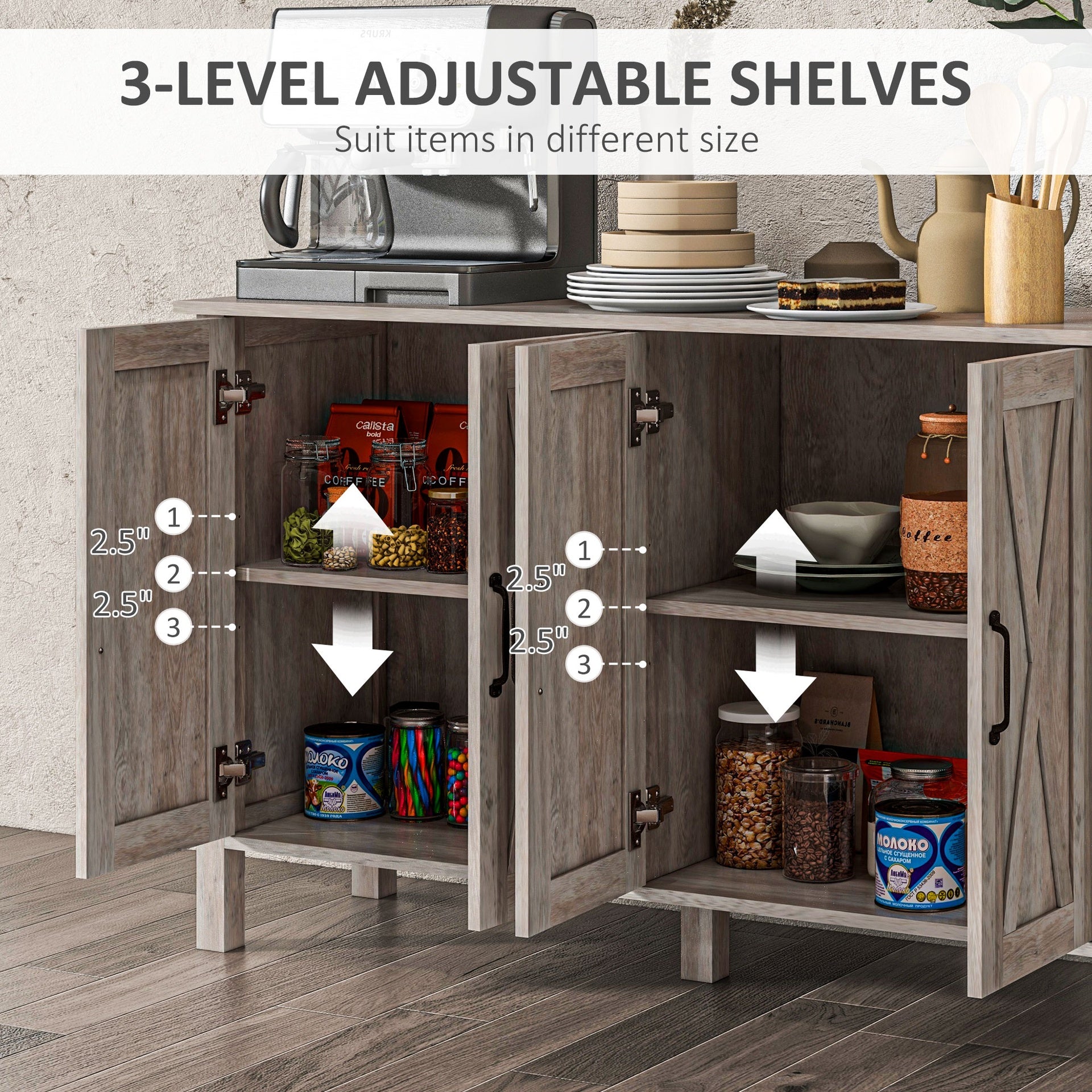 HOMCOM Sideboard Buffet with 4 Barn Doors and 2 Adjustable Shelves, Kitchen Buffet Cabinet for Living Room, Hallway, Gray