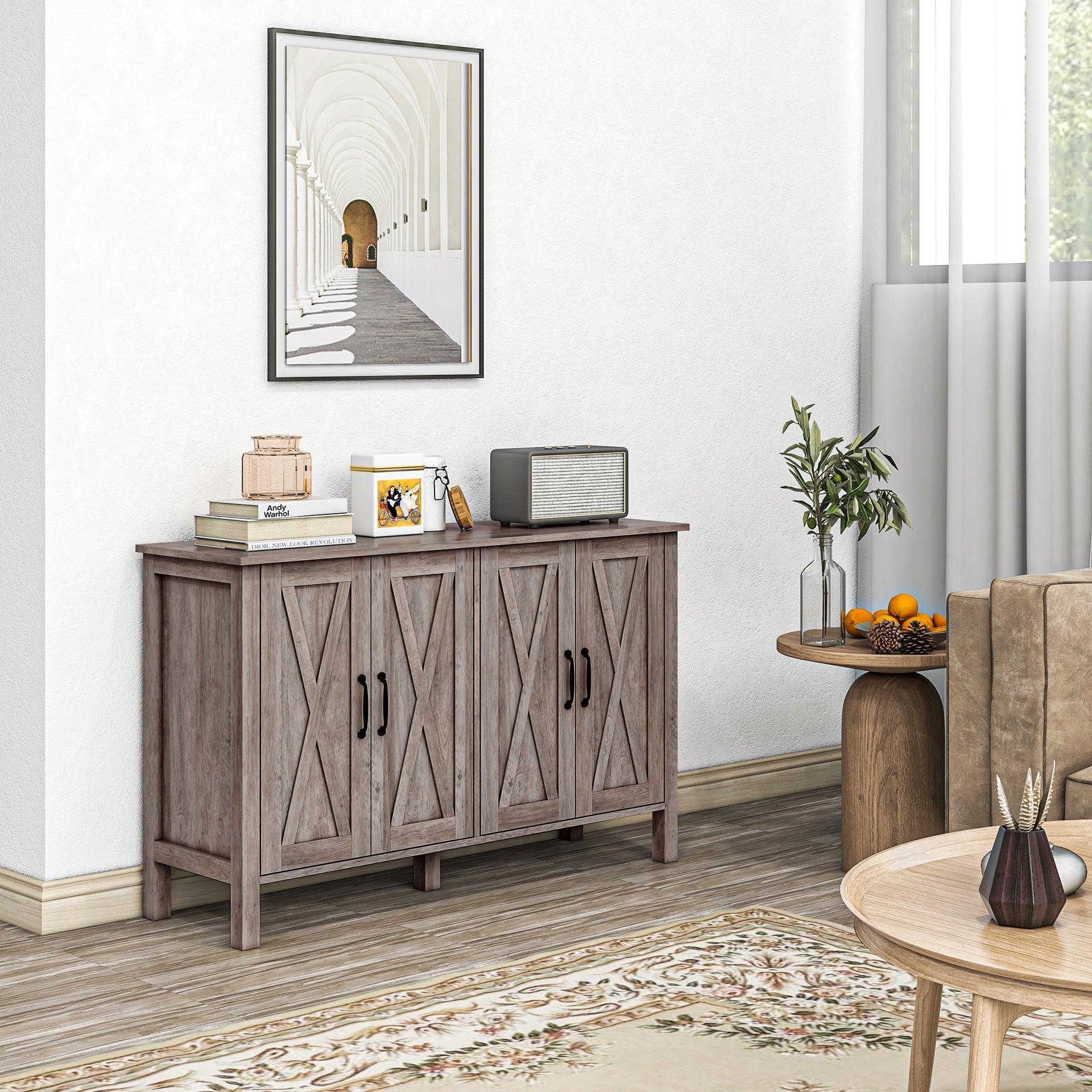 HOMCOM Sideboard Buffet with 4 Barn Doors and 2 Adjustable Shelves, Kitchen Buffet Cabinet for Living Room, Hallway, Gray