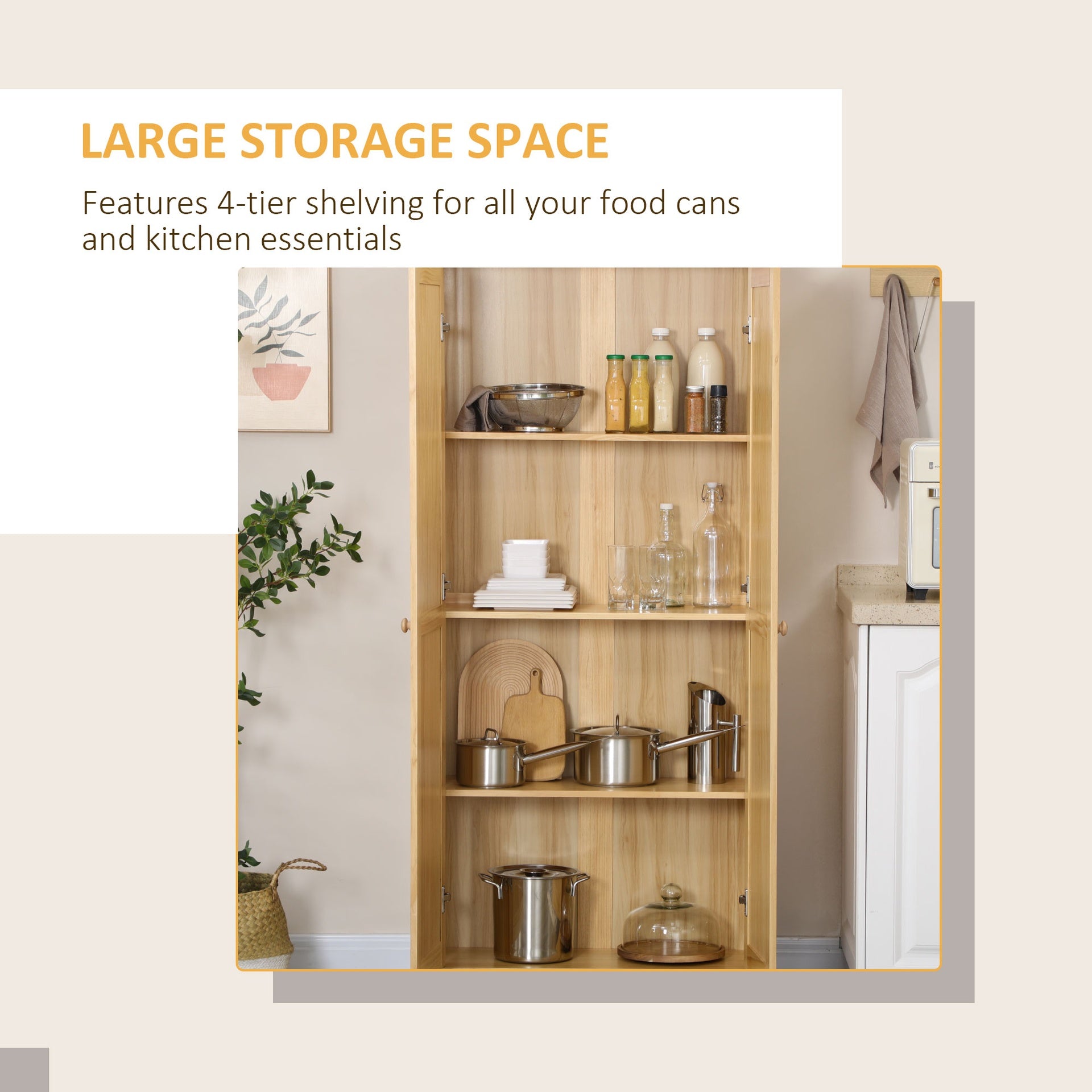 HOMCOM 67" Pinewood Kitchen Pantry Storage Cabinet, Freestanding Cabinets with Doors and Shelves, Dining Room