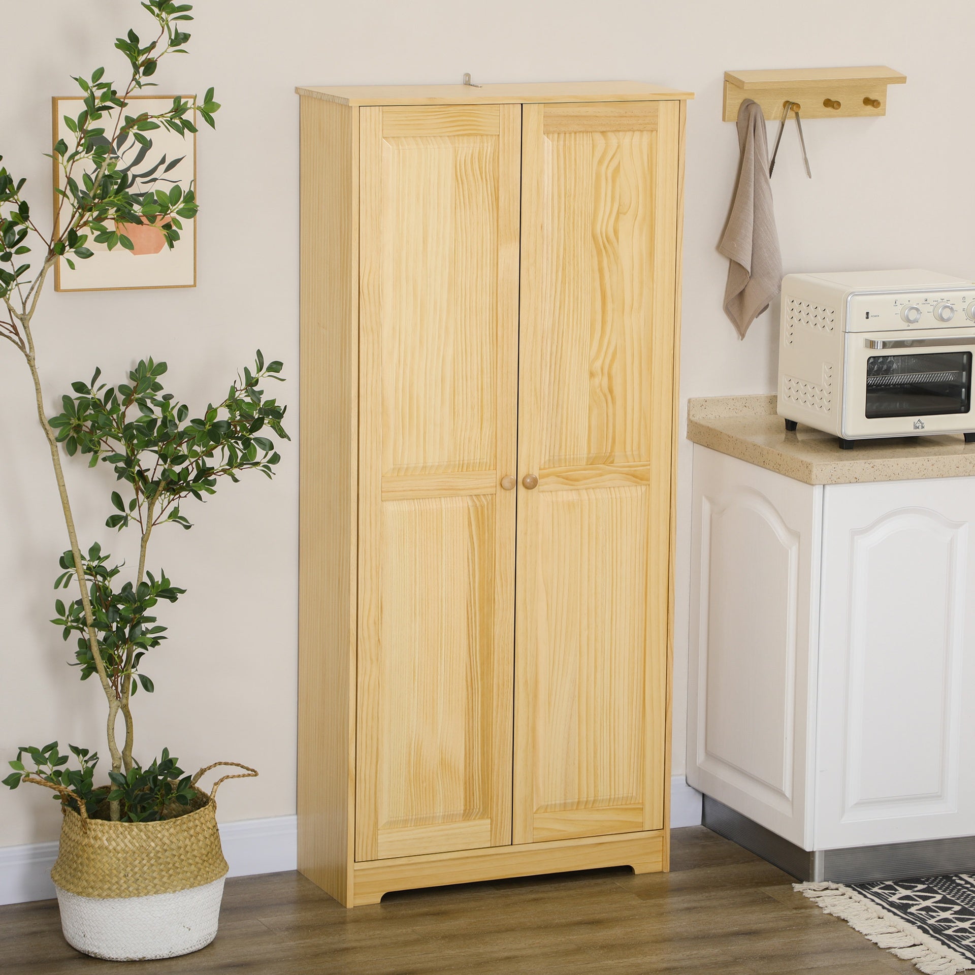 HOMCOM 67" Pinewood Kitchen Pantry Storage Cabinet, Freestanding Cabinets with Doors and Shelves, Dining Room