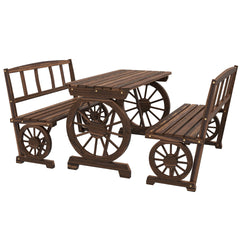 Outsunny Patio Table and Chairs for 4 People, Wagon Wheel Design, Outdoor Furniture Set for Backyard, Garden, Carbonized