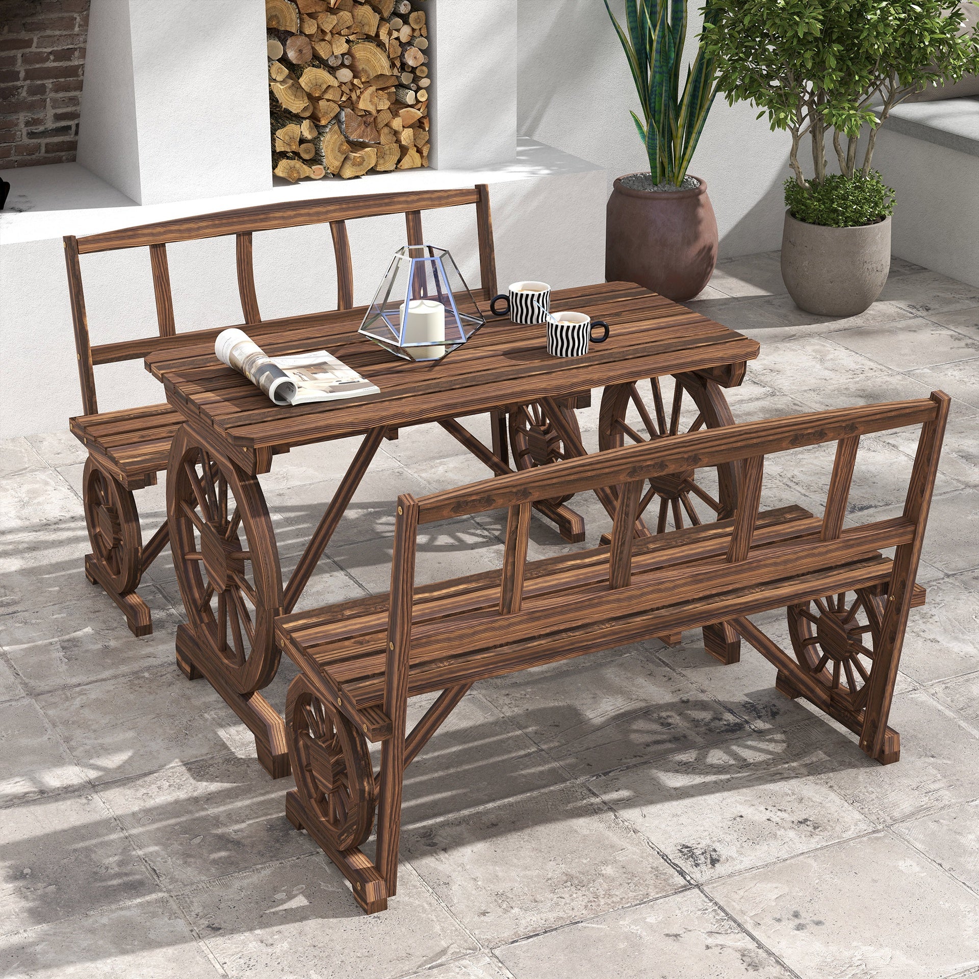 Outsunny Patio Table and Chairs for 4 People, Wagon Wheel Design, Outdoor Furniture Set for Backyard, Garden, Carbonized