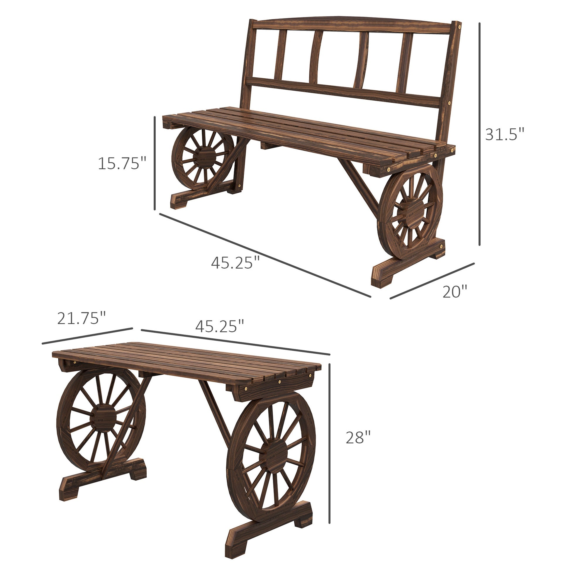 Outsunny Patio Table and Chairs for 4 People, Wagon Wheel Design, Outdoor Furniture Set for Backyard, Garden, Carbonized