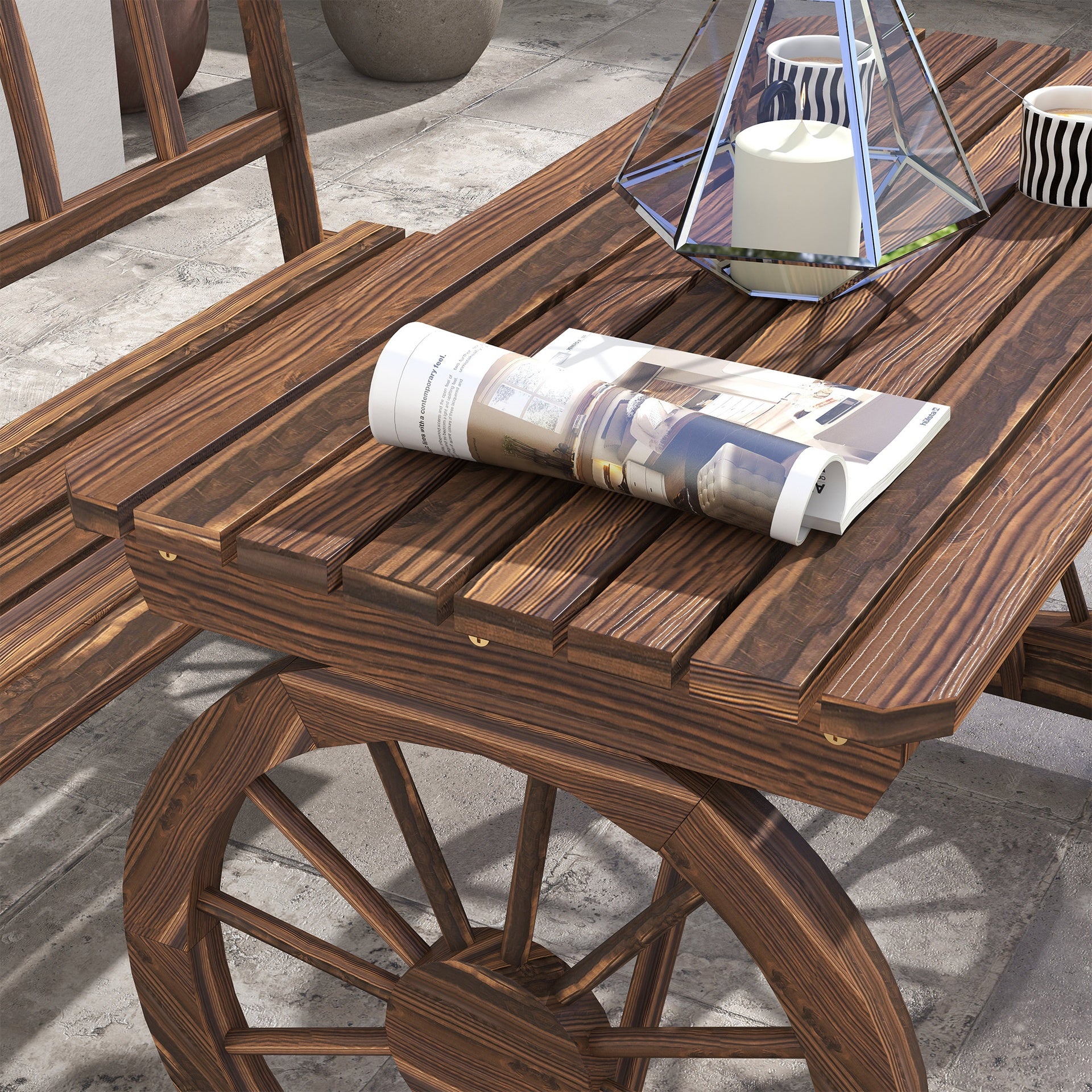 Outsunny Patio Table and Chairs for 4 People, Wagon Wheel Design, Outdoor Furniture Set for Backyard, Garden, Carbonized
