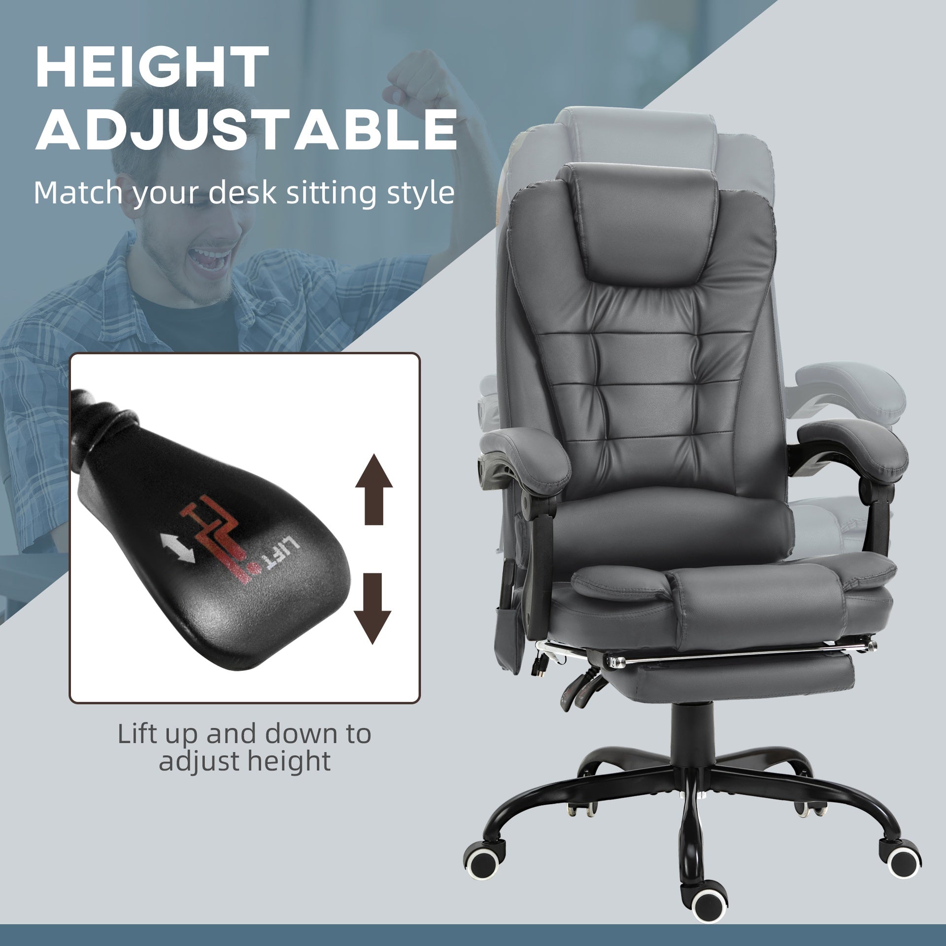 Vinsetto 7-Point Vibrating Massage Office Chair High Back Massaging Office Desk Chair with Lumbar Support, Footrest, Gray