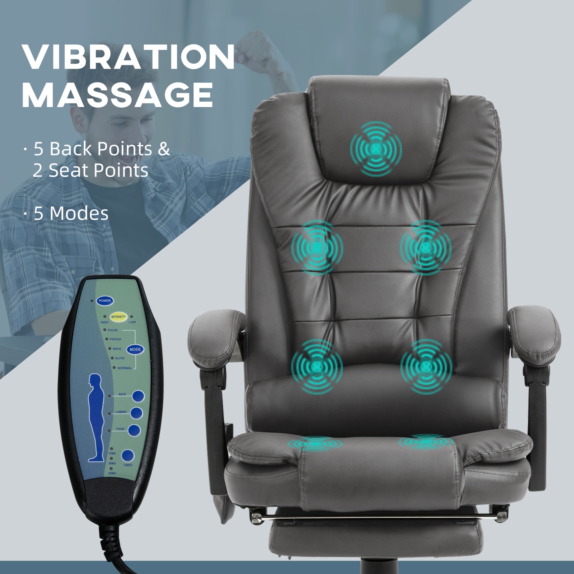 Vinsetto 7-Point Vibrating Massage Office Chair High Back Massaging Office Desk Chair with Lumbar Support, Footrest, Gray