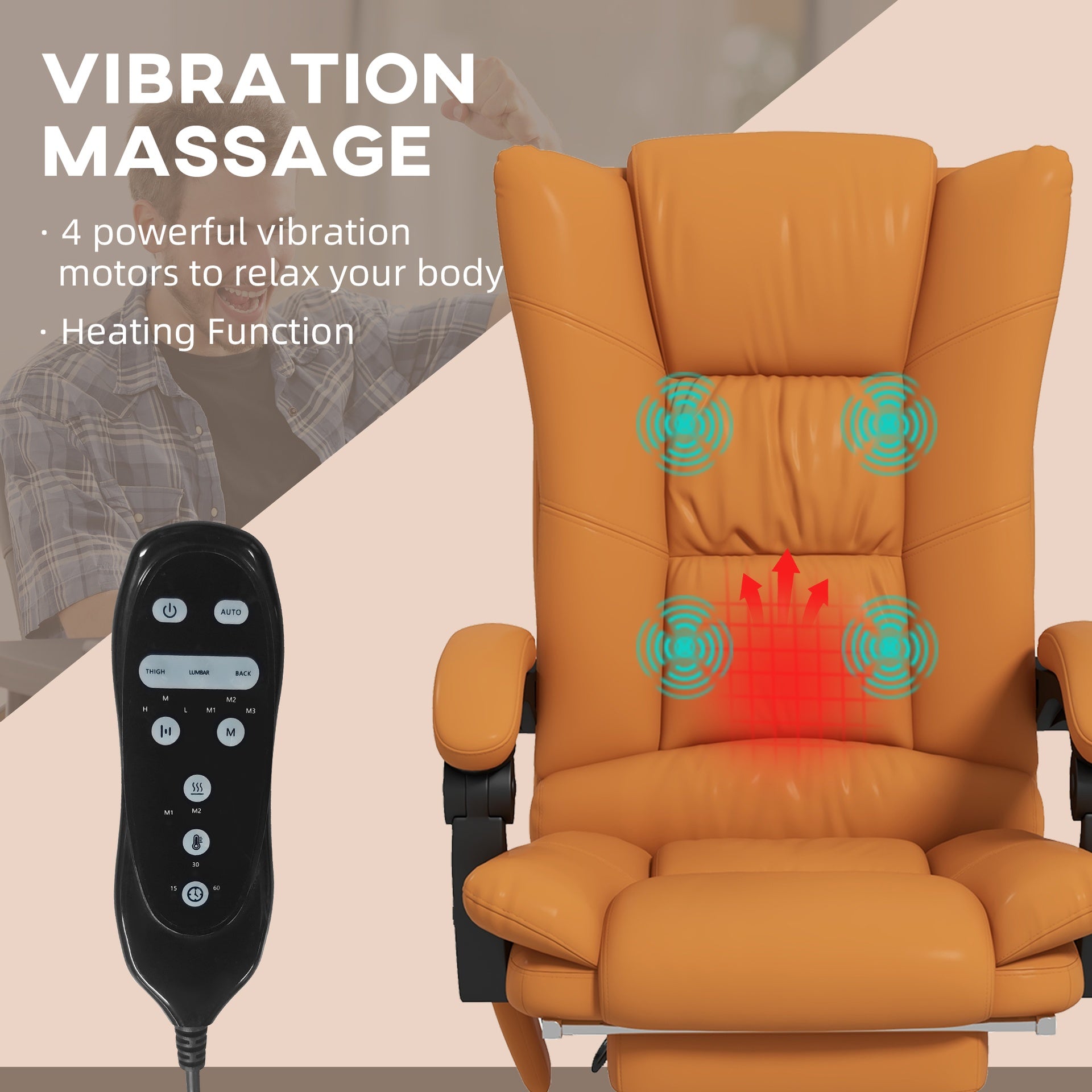 Vinsetto PU Leather Executive Massage Office Chair with 4 Vibration, Reclining w/ Adjustable Height, Swivel Wheels, Light Brown