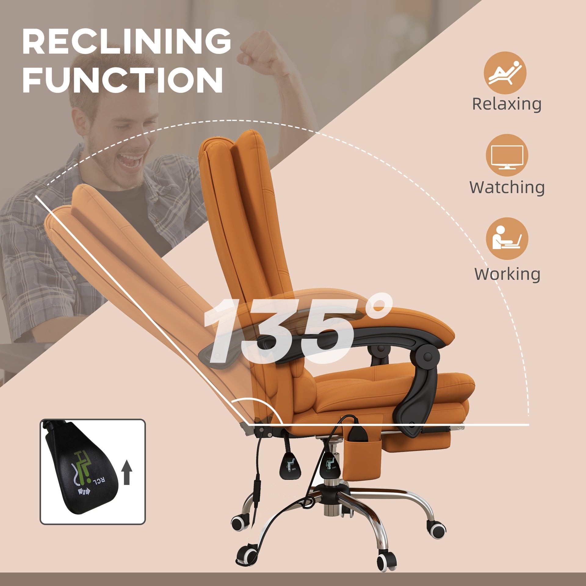 Vinsetto PU Leather Executive Massage Office Chair with 4 Vibration, Reclining w/ Adjustable Height, Swivel Wheels, Light Brown