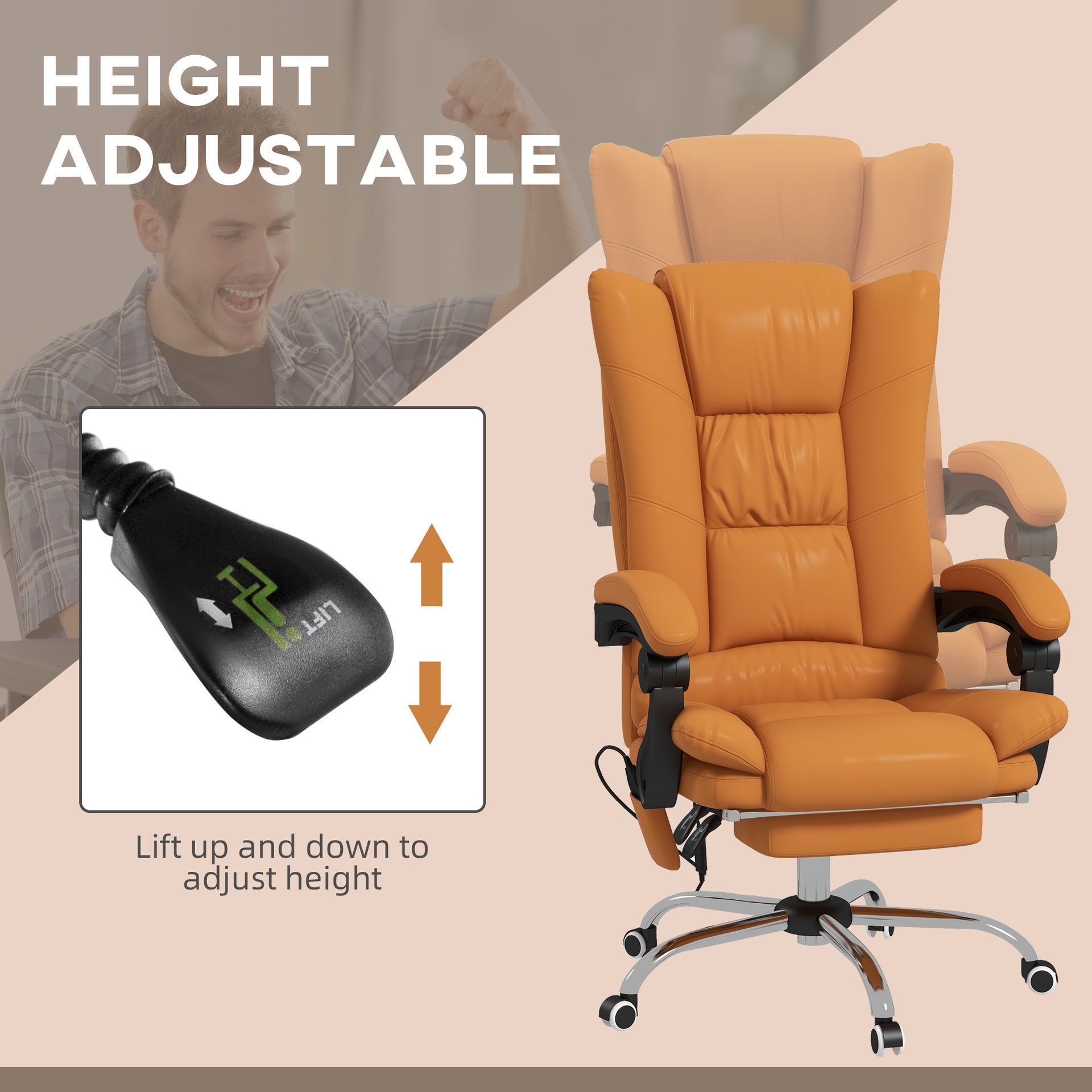 Vinsetto PU Leather Executive Massage Office Chair with 4 Vibration, Reclining w/ Adjustable Height, Swivel Wheels, Light Brown