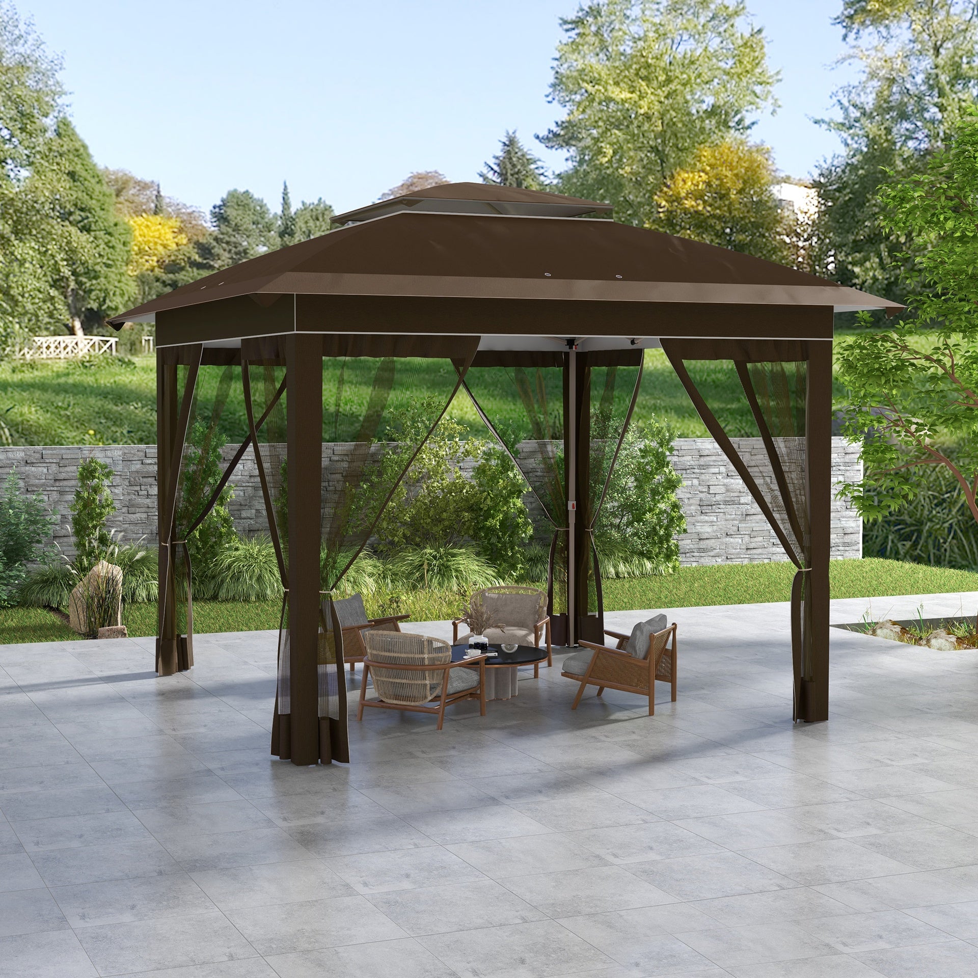 Outsunny 12' x 12' Pop Up Canopy Tent with Netting and Carry Bag, Instant Sun Shelter with 137 sq.ft Shade, Dark Brown