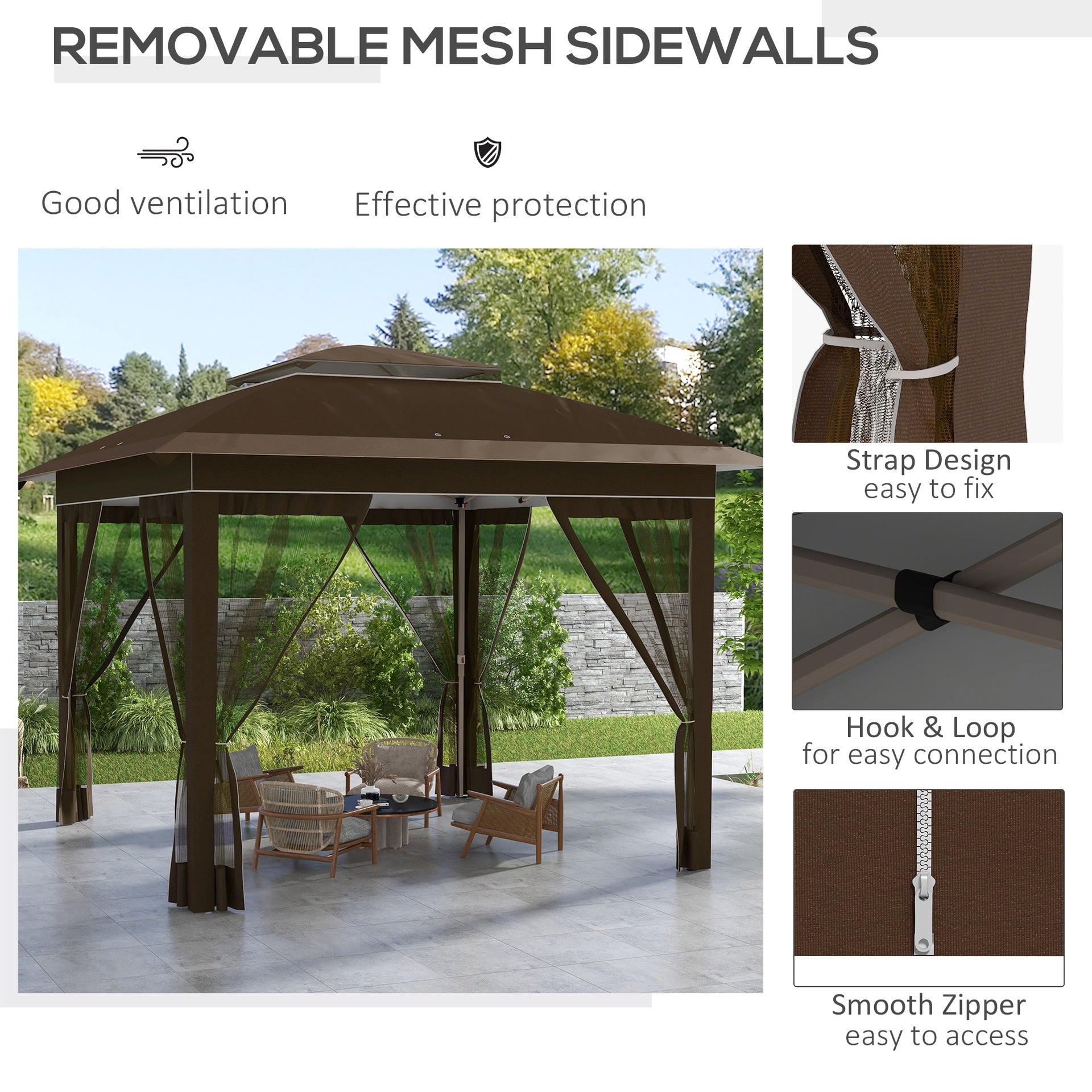Outsunny 12' x 12' Pop Up Canopy Tent with Netting and Carry Bag, Instant Sun Shelter with 137 sq.ft Shade, Dark Brown