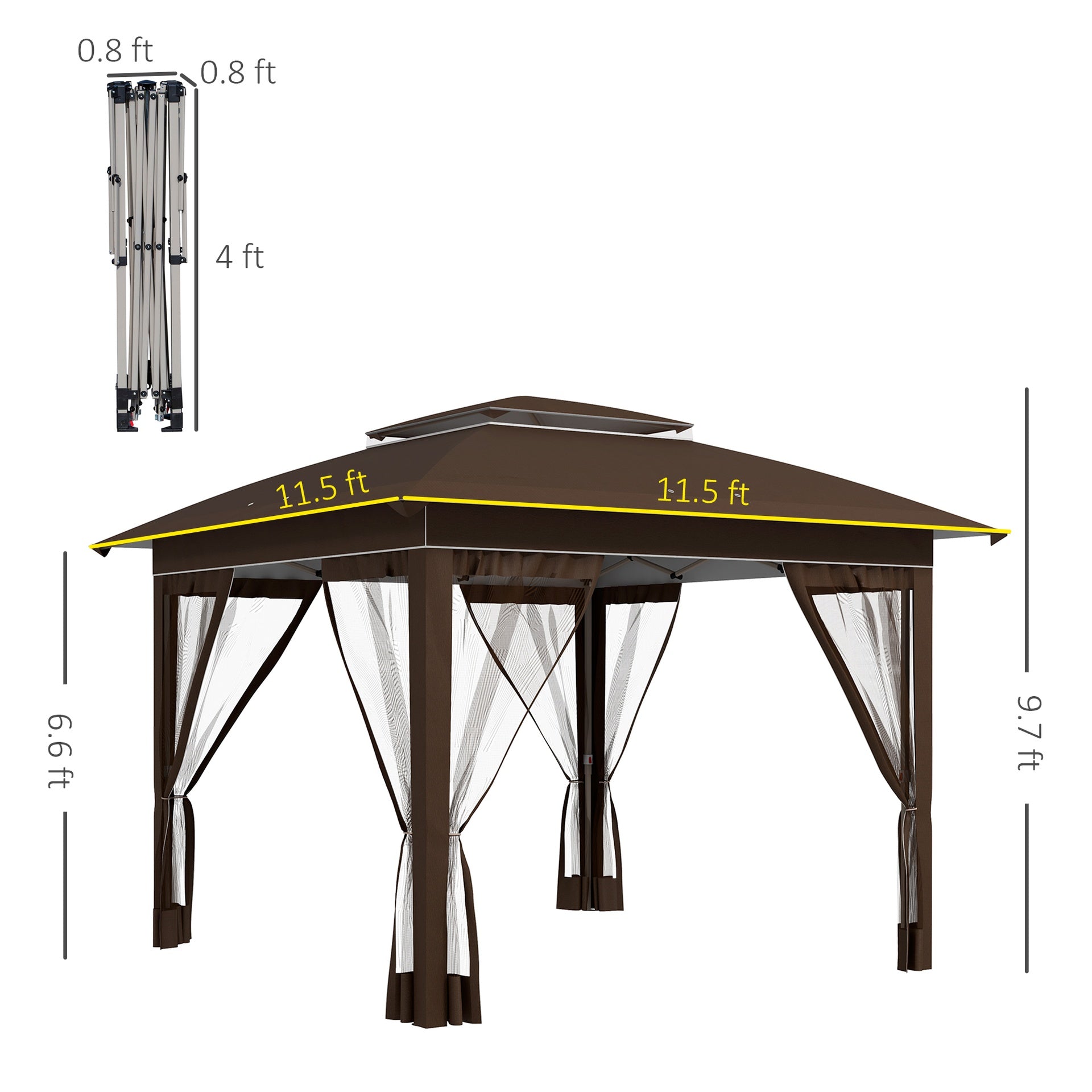 Outsunny 12' x 12' Pop Up Canopy Tent with Netting and Carry Bag, Instant Sun Shelter with 137 sq.ft Shade, Dark Brown