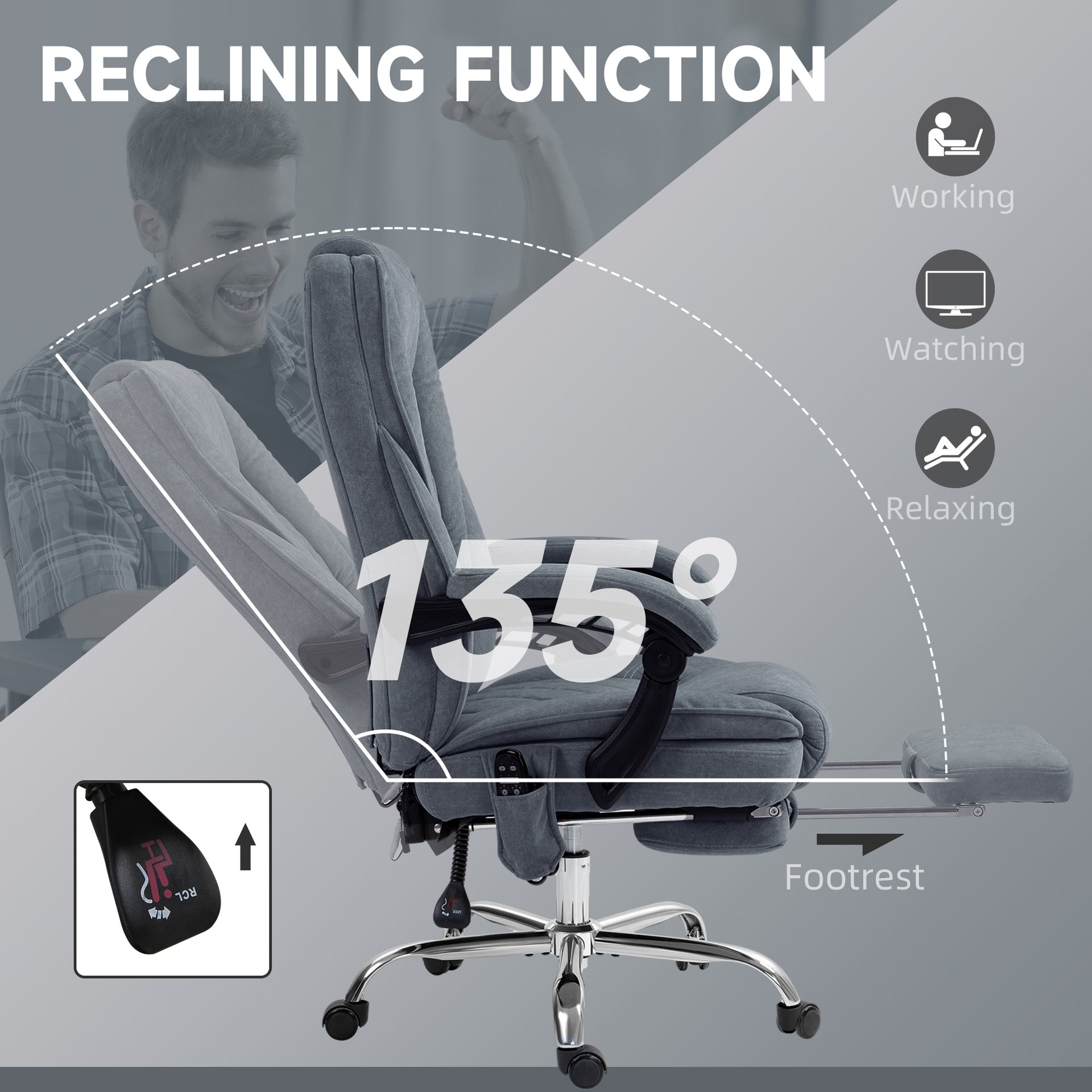 Vinsetto Massage Office Chair, Heated Reclining Computer Chair with Adjustable Height and Footrest, Charcoal Gray