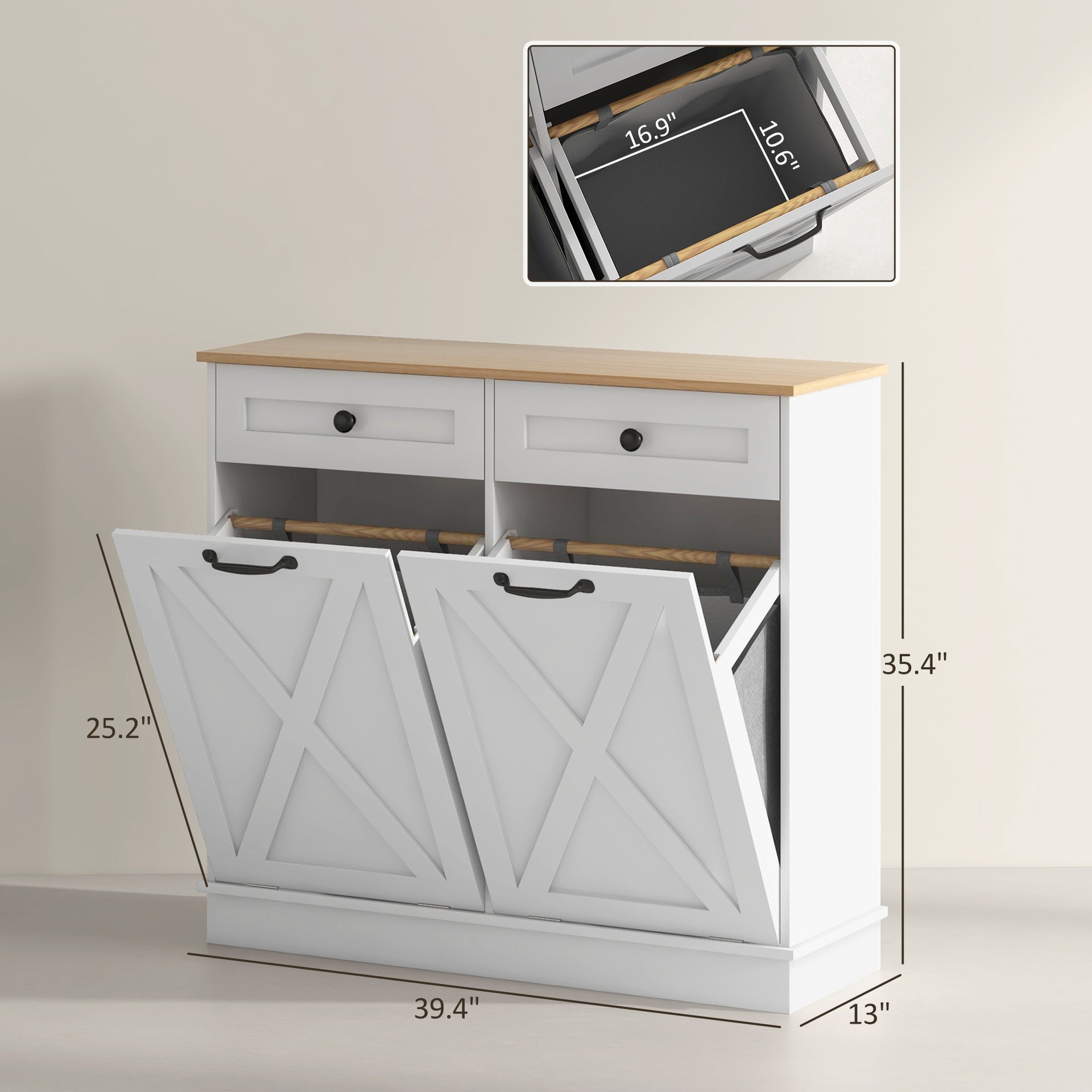HOMCOM Tilt Out Laundry Hamper Cabinet, Bathroom Storage Cabinet with 2 Removable Baskets and 2 Drawers, White