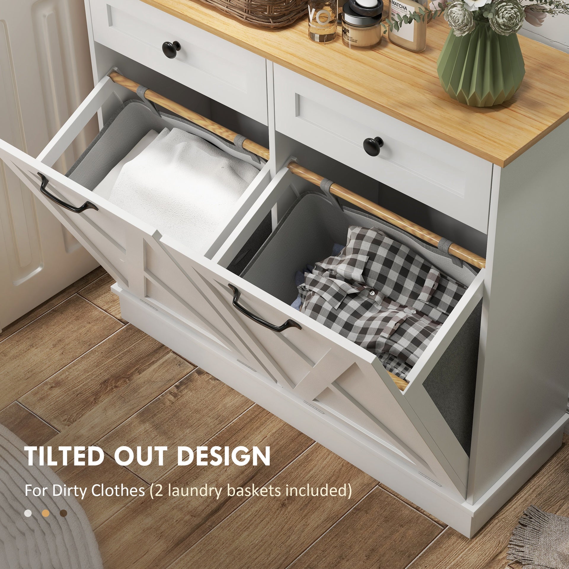 HOMCOM Tilt Out Laundry Hamper Cabinet, Bathroom Storage Cabinet with 2 Removable Baskets and 2 Drawers, White
