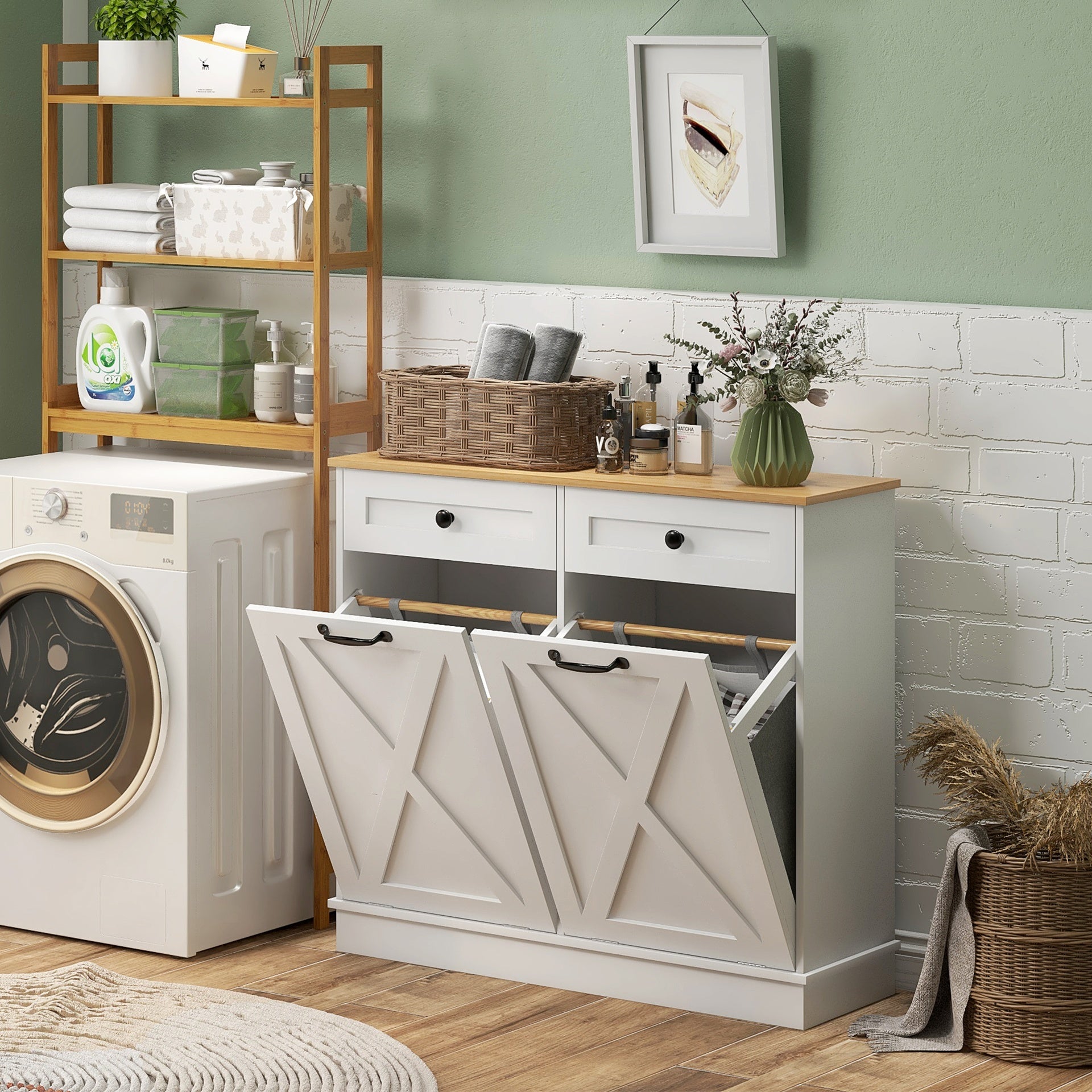 HOMCOM Tilt Out Laundry Hamper Cabinet, Bathroom Storage Cabinet with 2 Removable Baskets and 2 Drawers, White
