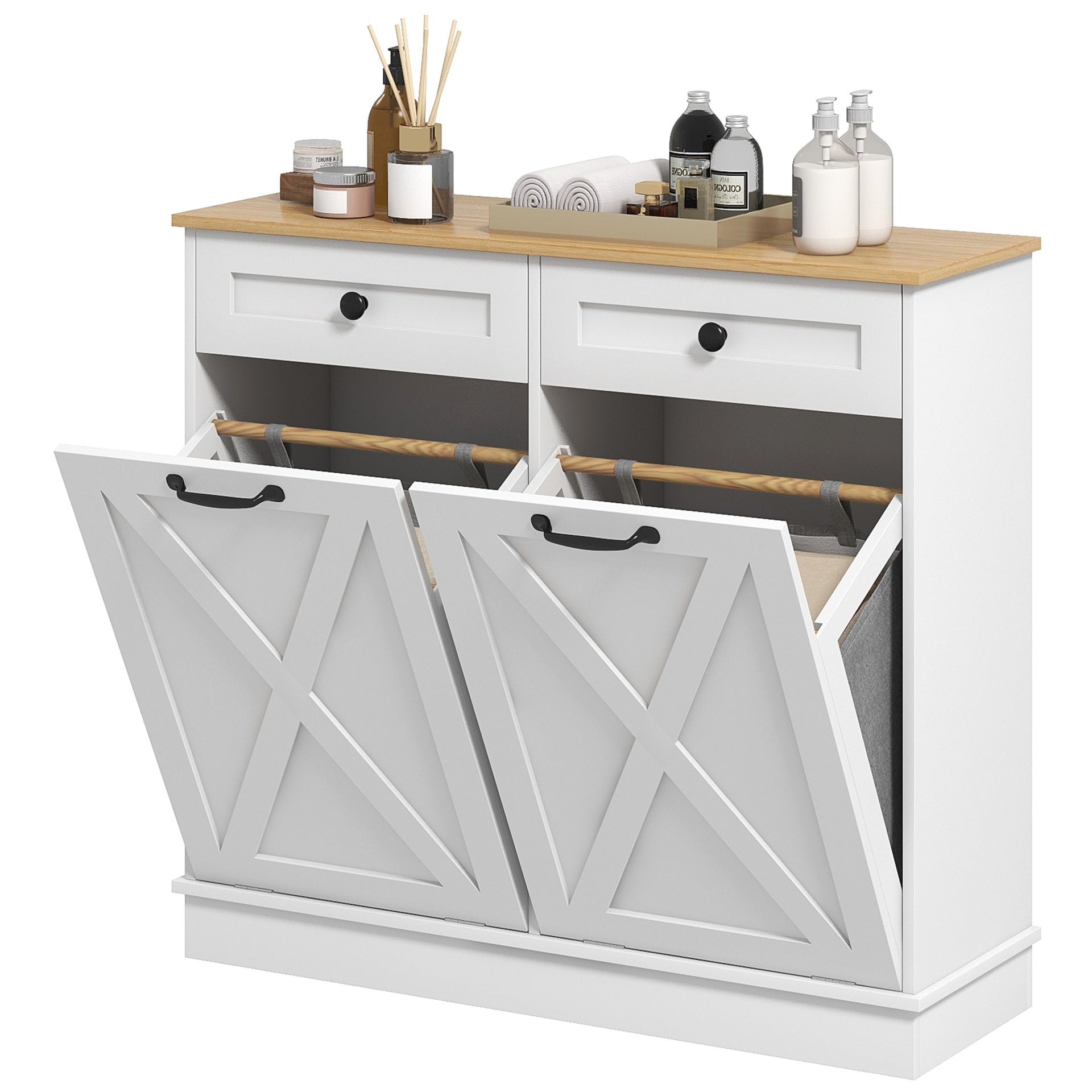 HOMCOM Tilt Out Laundry Hamper Cabinet, Bathroom Storage Cabinet with 2 Removable Baskets and 2 Drawers, White