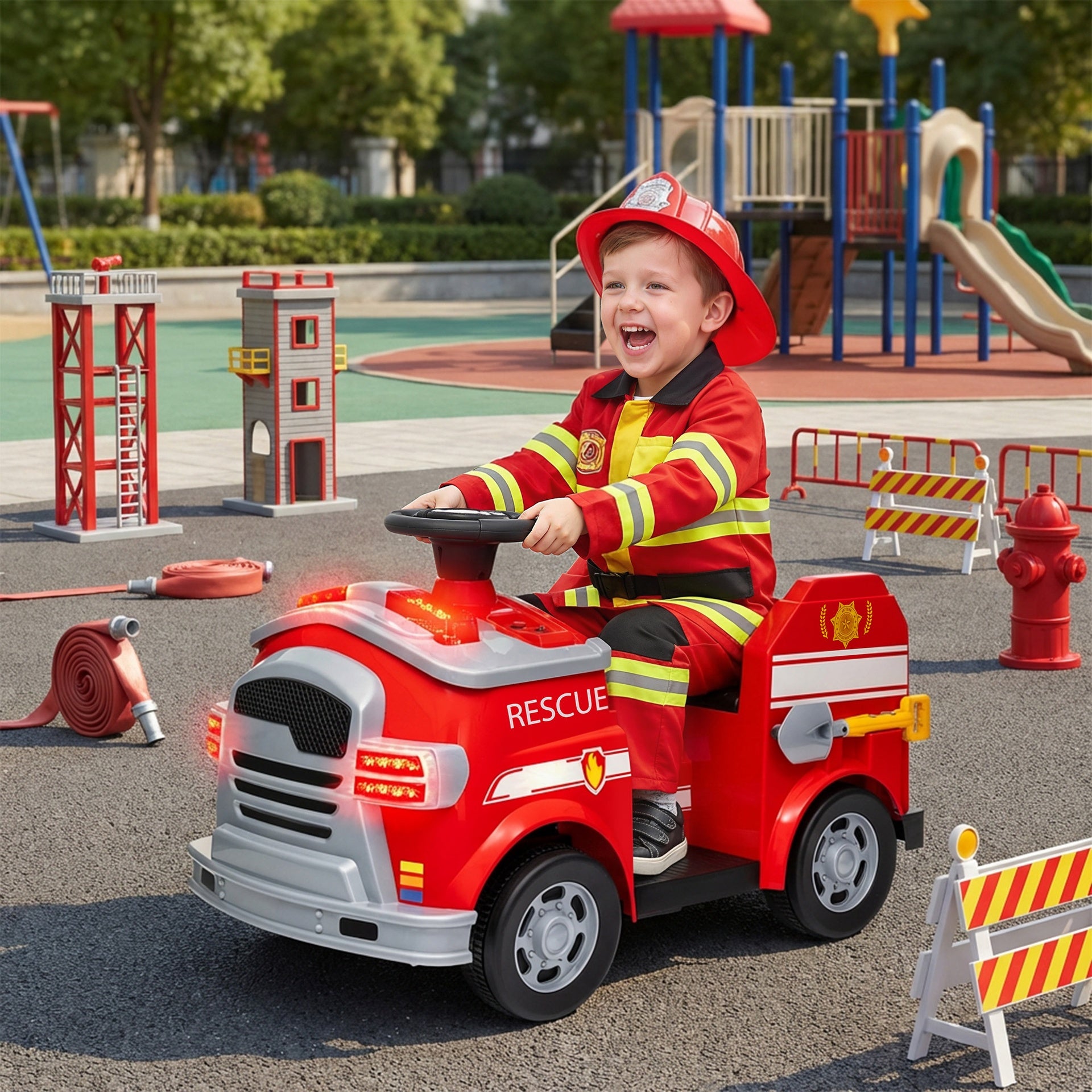 Qaba 12V Ride on Fire Truck with Siren, Flashing Lights Fire Extinguisher, Soft Start, Horn Music, Red