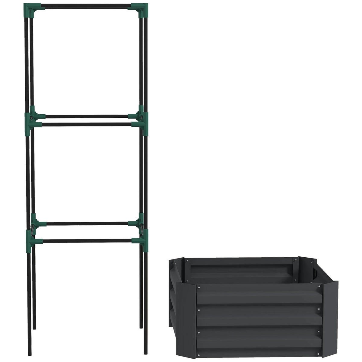 Outsunny Galvanized Planter Box, 24" x 24" x 55" Raised Garden Bed with Tomato Cage for Climbing Vines, Dark Gray