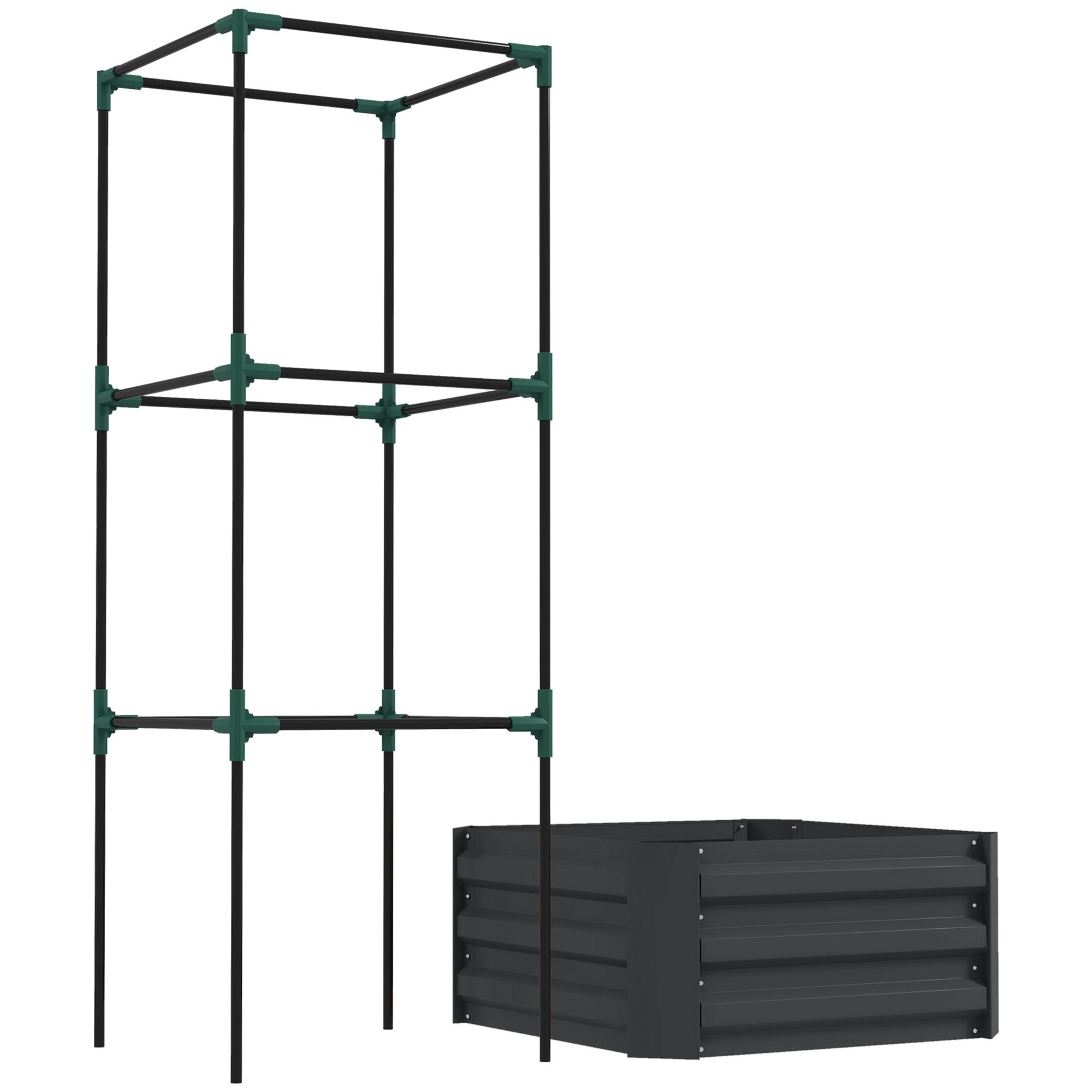 Outsunny Galvanized Planter Box, 24" x 24" x 55" Raised Garden Bed with Tomato Cage for Climbing Vines, Dark Gray