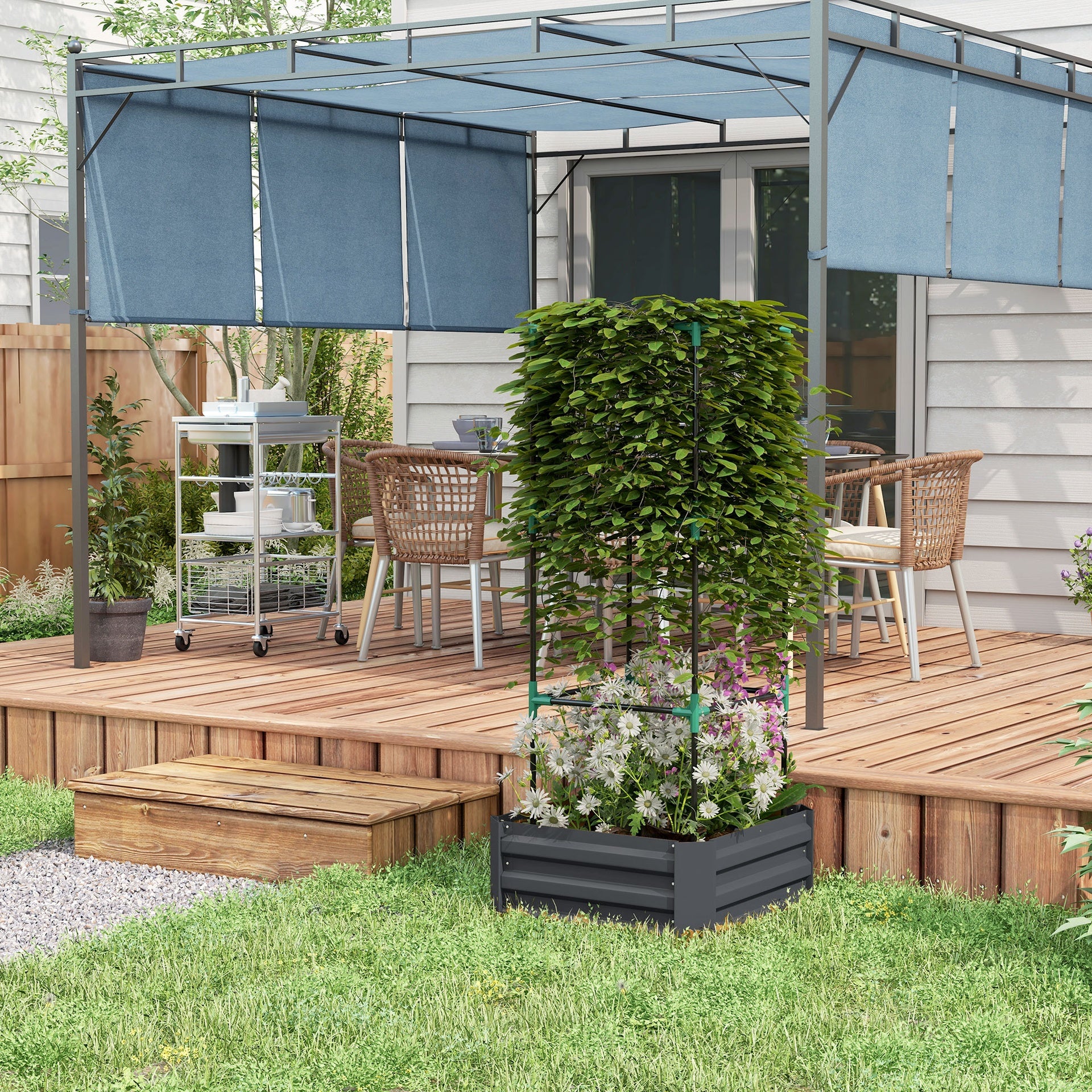 Outsunny Galvanized Planter Box, 24" x 24" x 55" Raised Garden Bed with Tomato Cage for Climbing Vines, Dark Gray